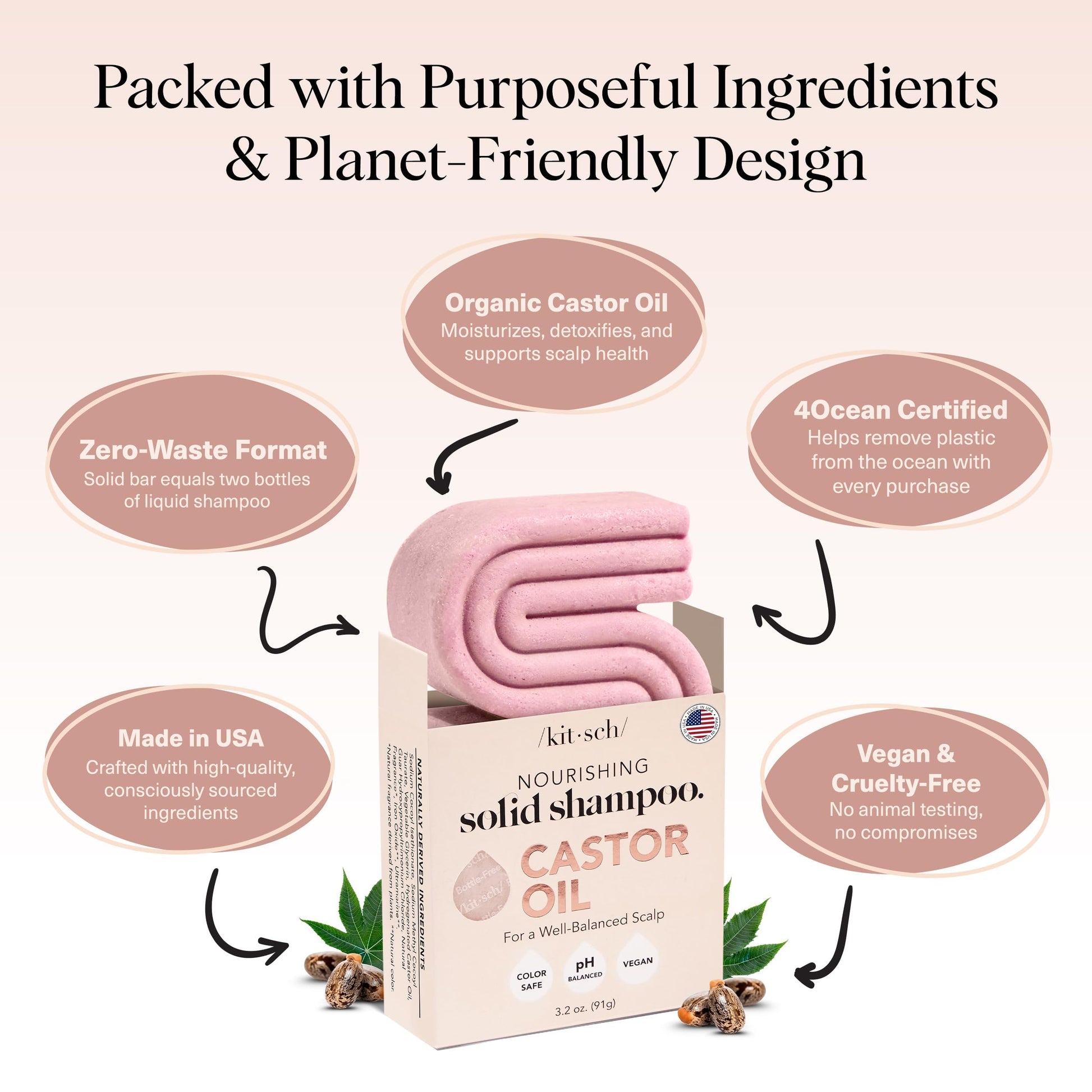 Kitsch Castor Oil Shampoo Bar Soap - Hydrating & Moisturizing Hair Care - Organic Castor Oil Solid Shampoo for Hair Growth & Scalp Nourishment - Silicone & Paraben-Free, Vegan, Made in USA - 3.2oz