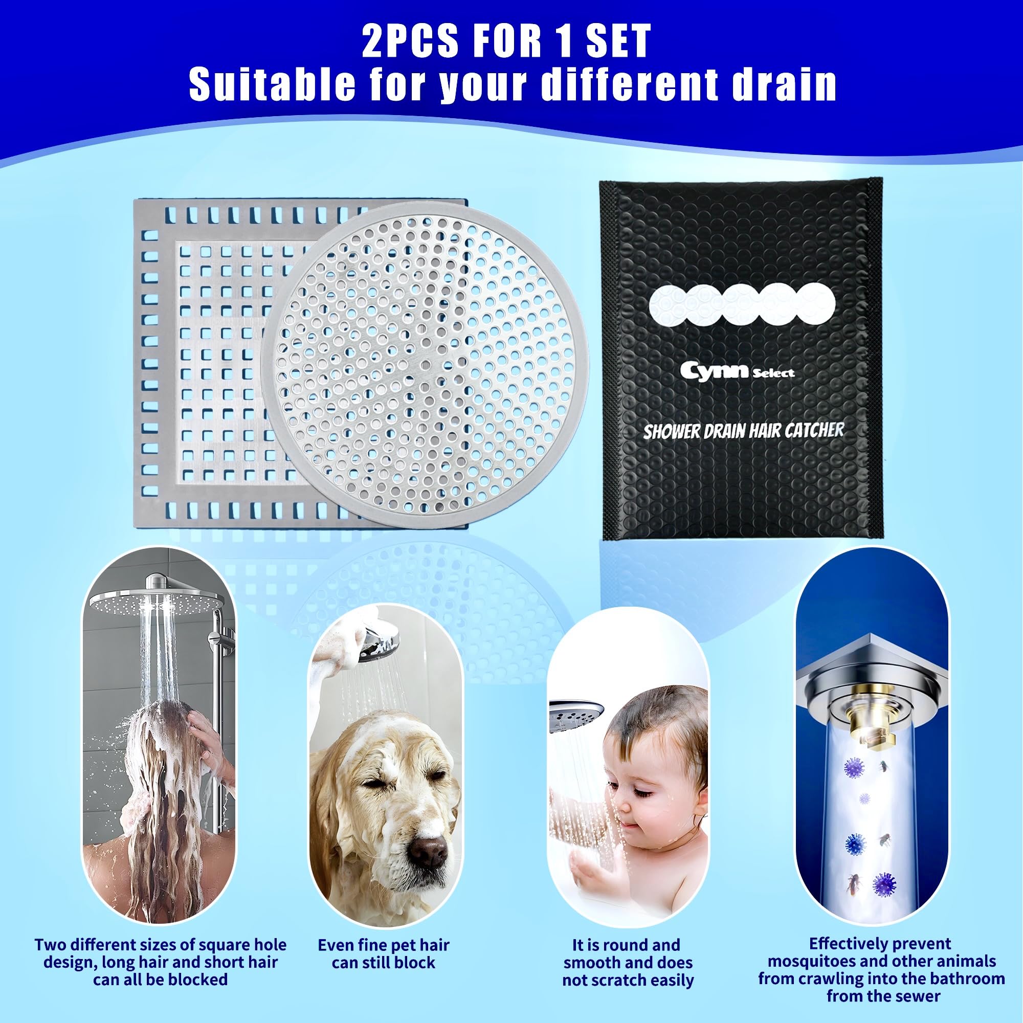 Cynn Select Shower Drain Hair Catcher,2PCS,4.72'',Flat Drain Hair Catcher,Shower Drain Cover/Filter, Bathroom/Kitchen Sink Drain Strainer,Stainless Steel and TPE
