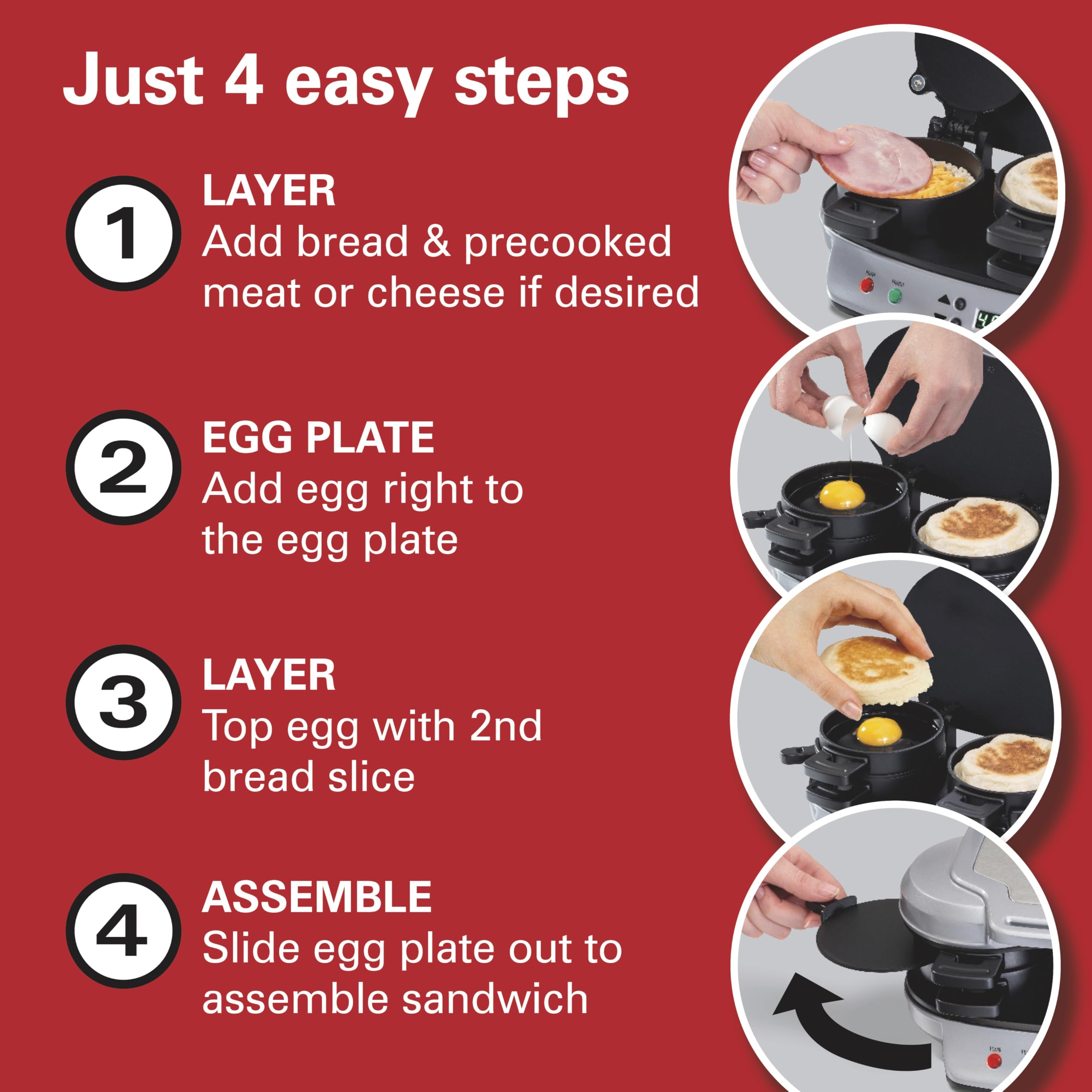 Hamilton Beach Dual Breakfast Sandwich Maker with Timer, Ready in 5 Minutes, Removable Dishwasher Safe PFAS-Free Non-Stick Egg Cooker Ring, Silver (25490MNA)