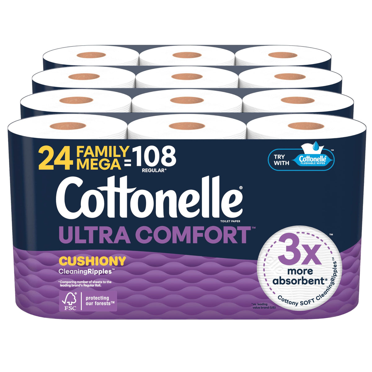 Cottonelle Ultra Comfort Toilettenpapier mit Cushiony CleaningRipples Textur, starkes Toilettenpapier, 24 Family Mega Rollen = 108 normale Rollen (4 Packungen à 6)