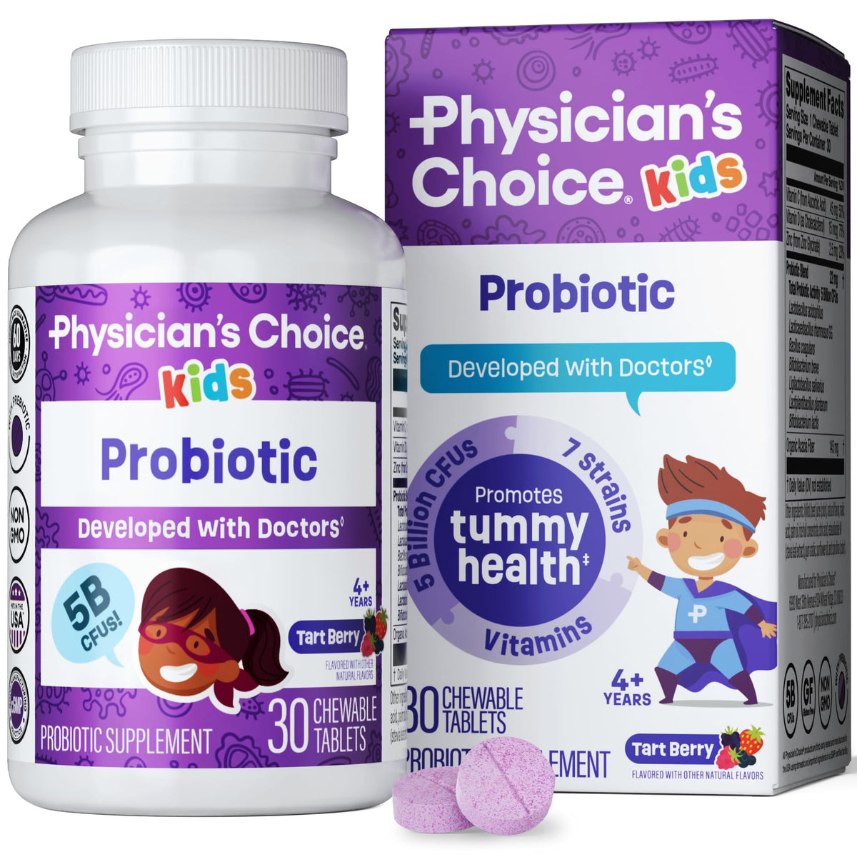 Physician's CHOICE Probiotika für Kinder – 7 verschiedene Stämme, organische Präbiotika, Vitamine und Mineralien – klinisch erprobter L. Rhamnosus GG – Unterstützung des Immunsystems und der Verdauung – kein Zucker oder künstliche Farbstoffe