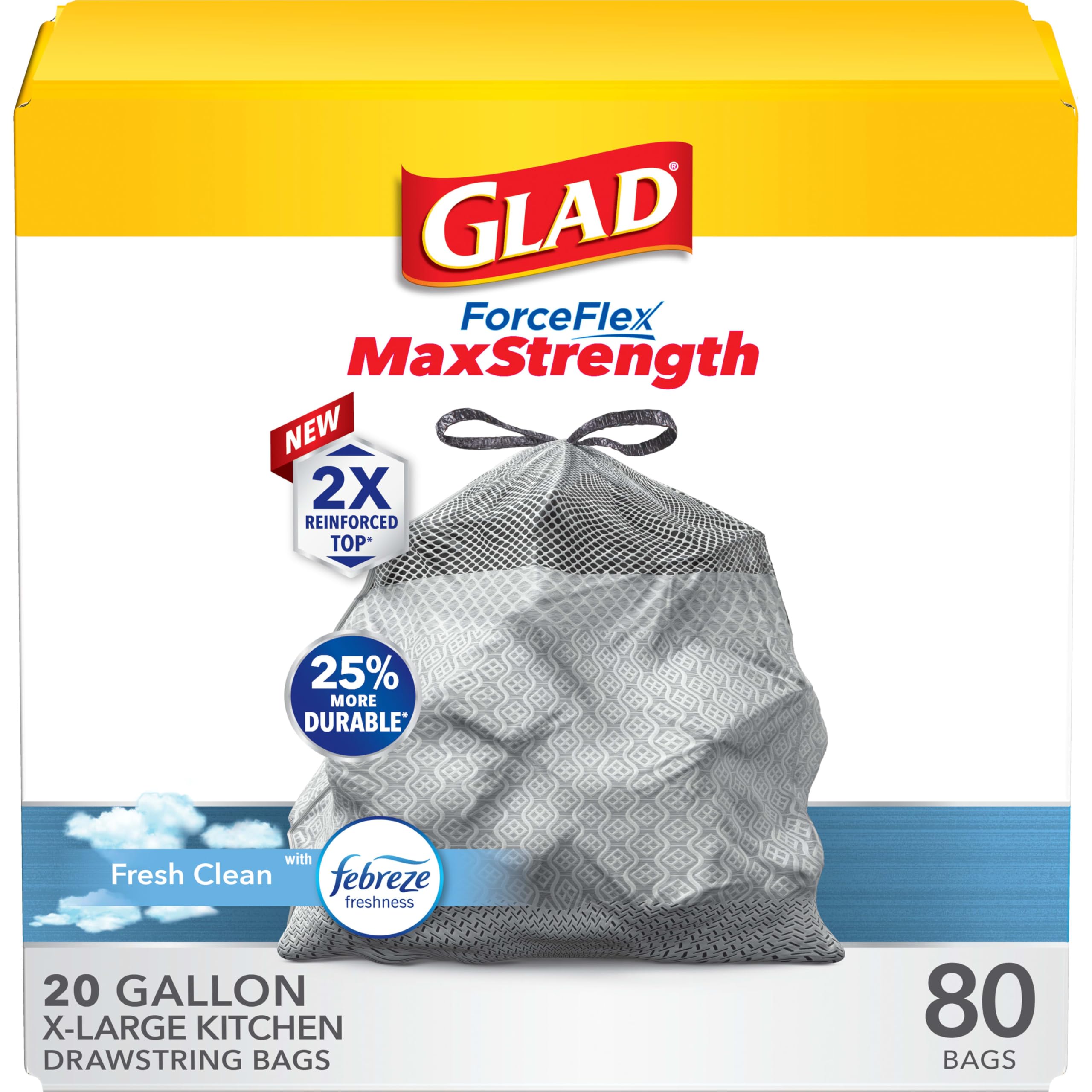 أكياس قمامة للمطبخ Glad ForceFlex MaxStrength، سعة 20 جالون، برائحة Febreze المنعشة والنظيفة، 80 كيس (قد تختلف العبوة)