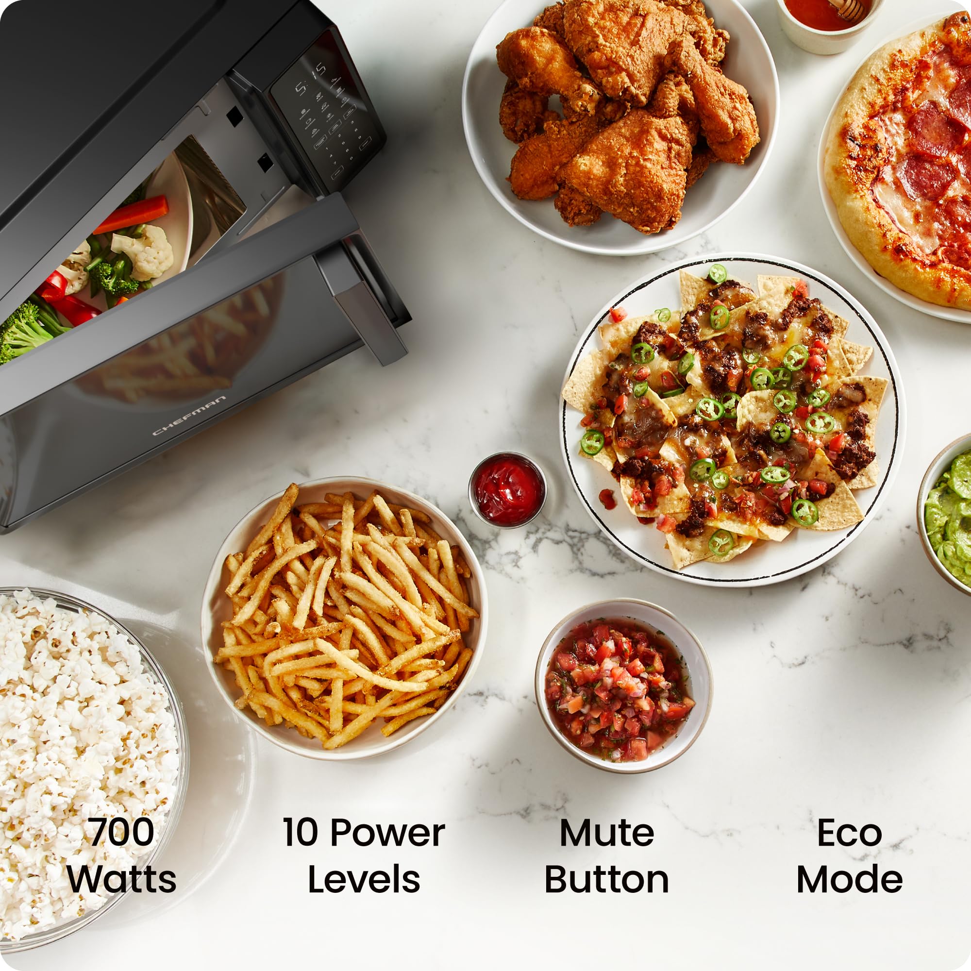 Chefman Countertop Microwave Oven 0.7 Cu. Ft., 700 Watts with 10 Power Levels, 6 Cooking Presets with One-Touch Express Cook, Eco Mode, Child Safety Lock, & Mute Button - Black