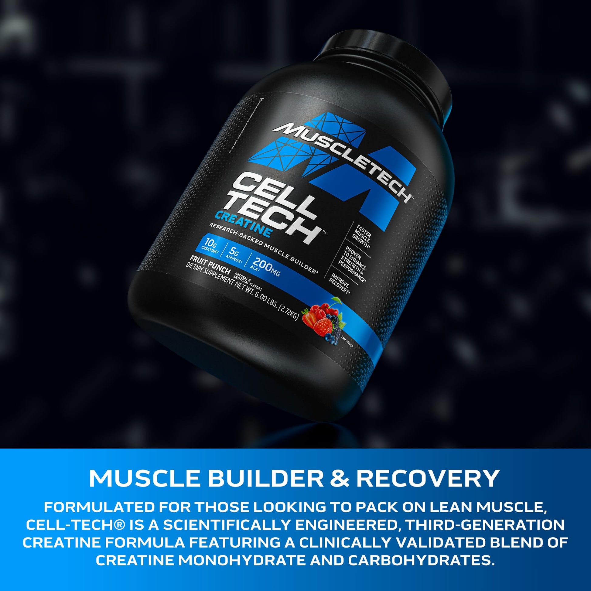 MuscleTech Creatine Monohydrate Powder - Cell-Tech Creatine Powder Post Workout Recovery Drink, Muscle Builder & Musclebuilding Creatine Supplement - Fruit Punch, 6 lbs (56 Serv) - Packaging May Vary