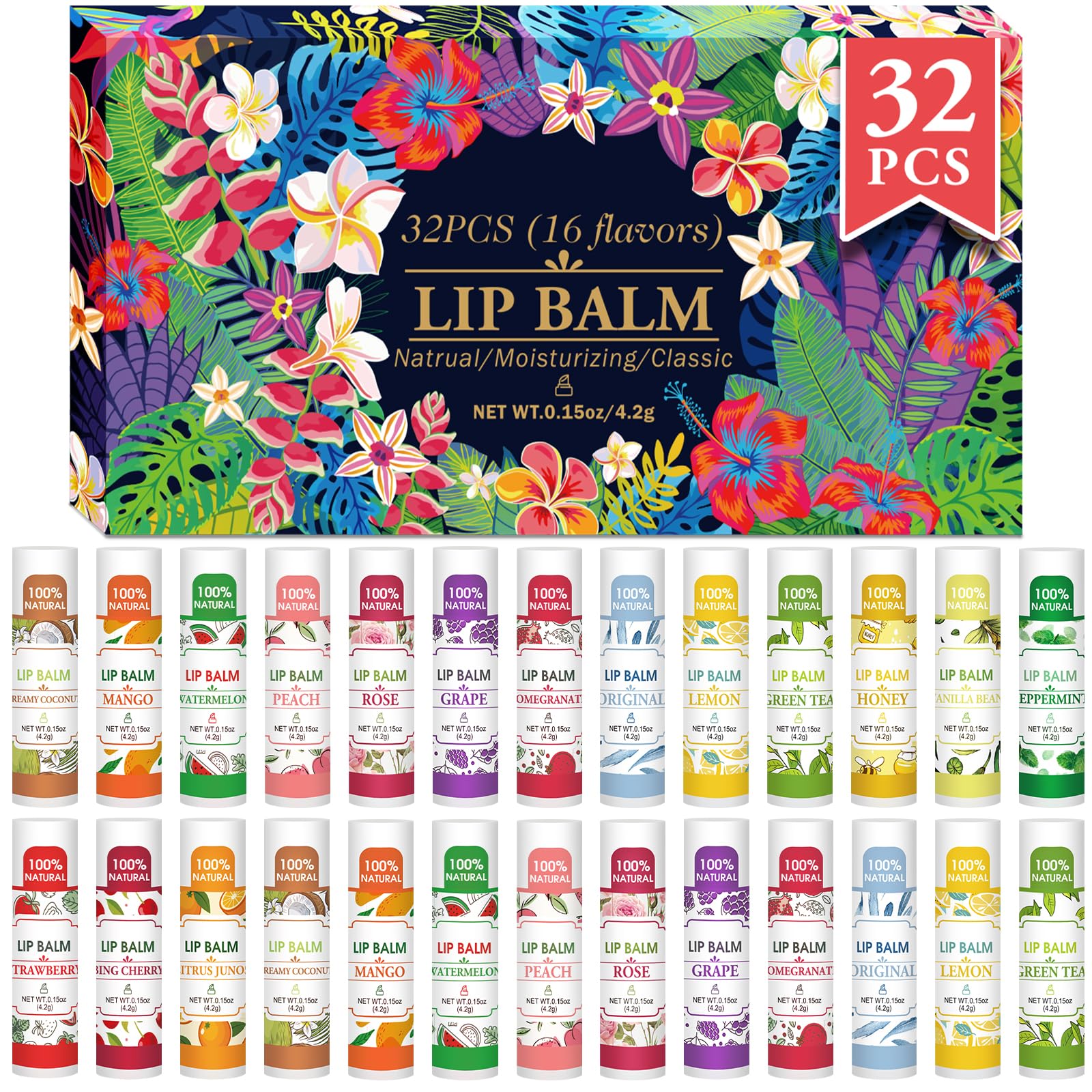 VISRIE 32 Pack Lip Balm, Natural Lip Balm Bulk with Vitamin E and Coconut Oil, Bulk Lip Balms for Dry Lips-16 Flavors
