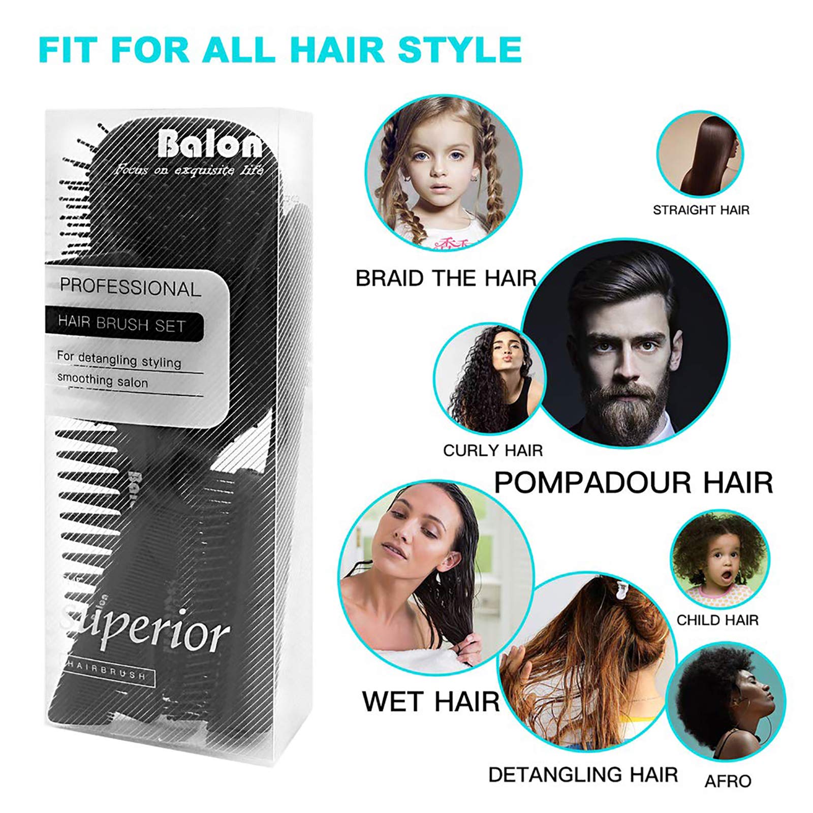 Balon Hair Brush for Women and Men, 4Pcs Paddle Brush Detangling Brush Hair Comb Set for Long Thick Thin Curly Hair, Hairbrush Great On Wet or Dry, No More Tangle