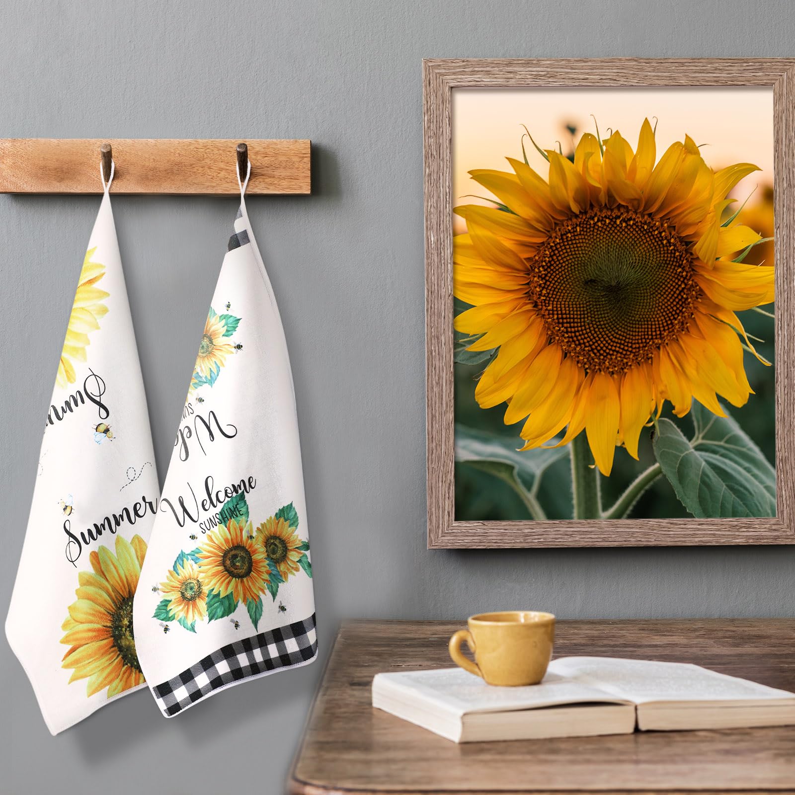 Bencailor 4 Pcs Sunflower Kitchen Towels Summer Fall Flower Floral Sea Beach Lemon Hand Dish Towels Fast Drying Decor Housewarming Gift for Cooking Kitchen Bathroom(Yellow,Sunflower)