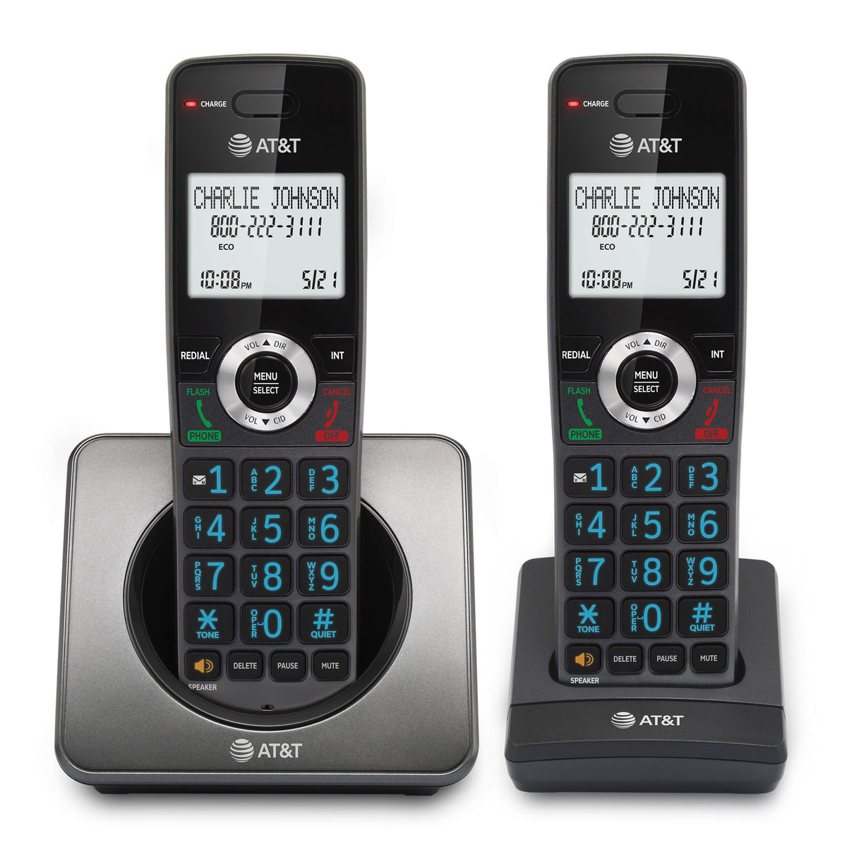 AT&T GL2101-2 هاتف منزلي لاسلكي ثنائي السماعات بتقنية DECT 6.0 مع خاصية حظر المكالمات، معرف المتصل، مكبر صوت مزدوج الاتجاه للسماعة، شاشة بيضاء بإضاءة خلفية مقاس 2 بوصة، لوحة مفاتيح مضاءة (غرافيت وأسود)