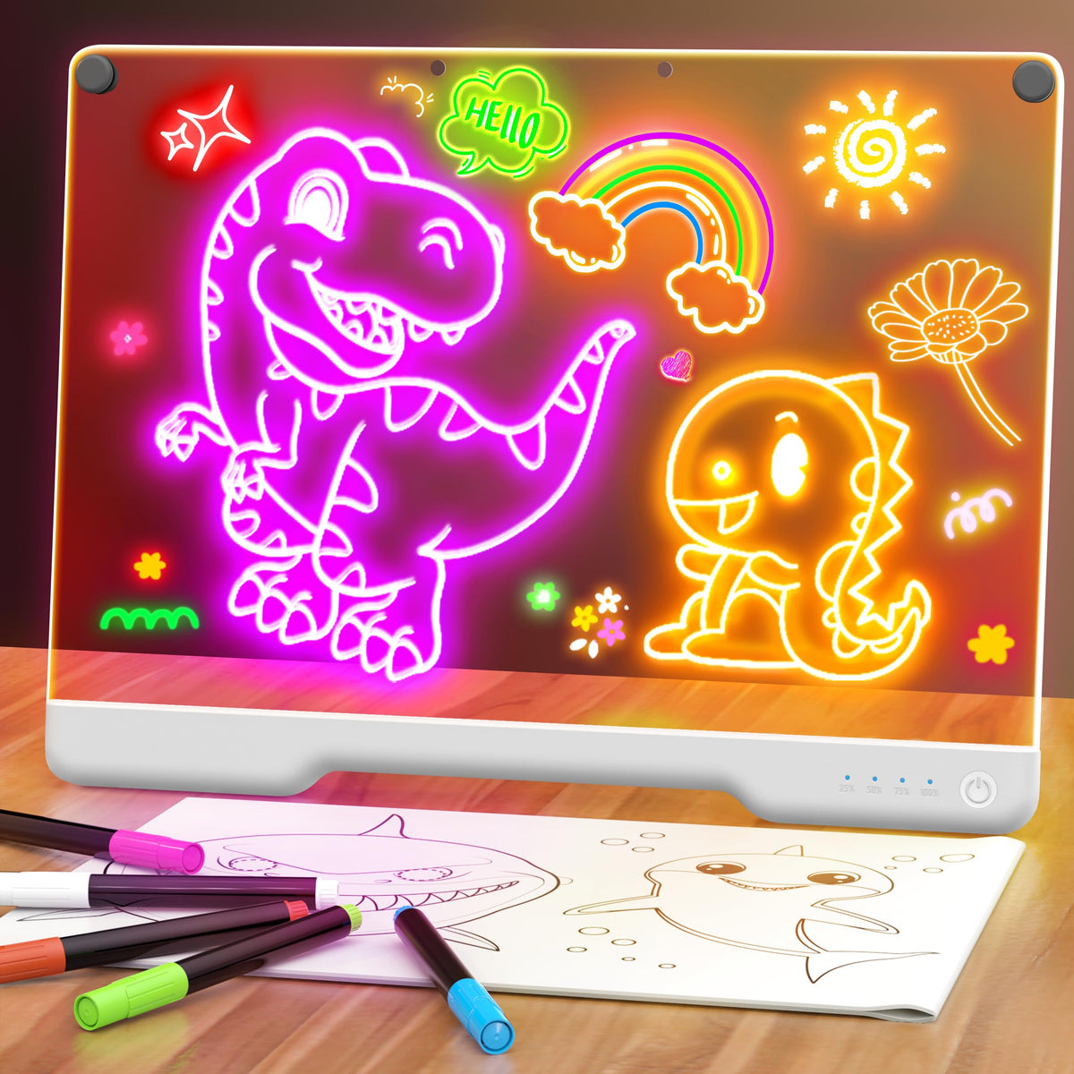 16 Zoll Wiederaufladbares Doodle Glow LED Notizbrett, 7-Farb-Lichtmodi, Neon Art Trocken abwischbares Leuchtendes Zeichenbrett mit eingebautem Ständer, Skizziergeschenkspielzeug für Kinder/Mädchen/Teenager, 5 Marker & Nachzeichenbuch