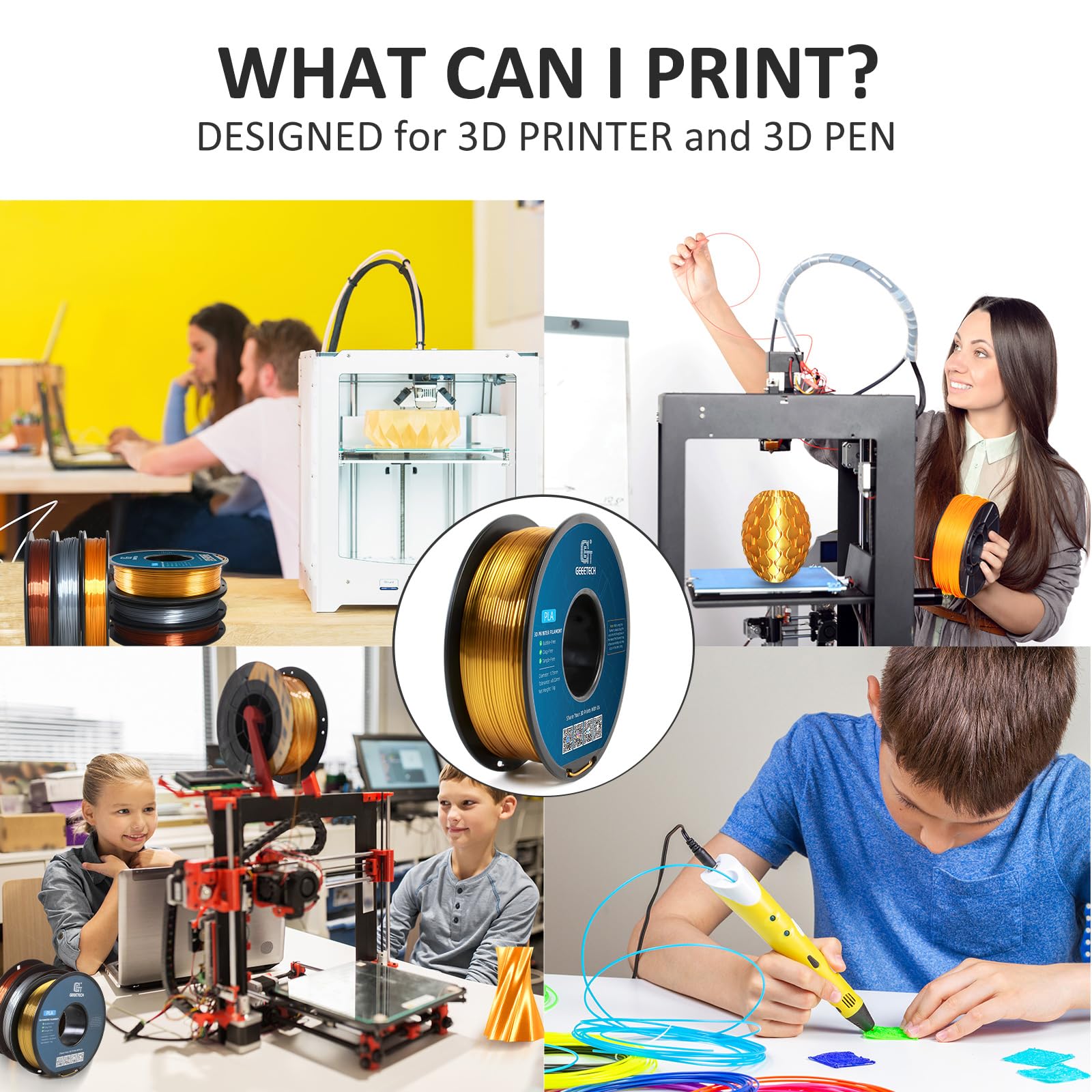 Geeetech Silk PLA Filament 1.75mm for 3D Printer, Metal-Like Shiny Consumables 1kg (2.2lbs) 1 Spool, Dimensional Accuracy +/- 0.02 mm, Metallic Gold Silk Filament