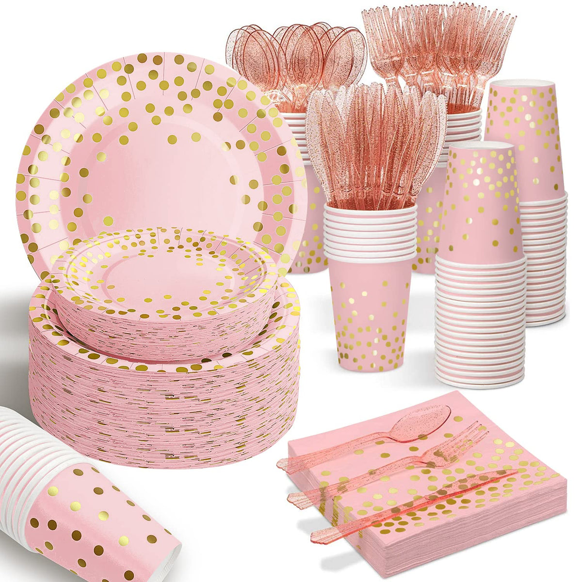 AIRE 175-teiliges Partygeschirr-Set in Pink-Roségold, für 25 Gäste, Einweg-Partydekorationen, Plastikgabeln, Messer, Löffel, Goldpunkt-Pappteller, Servietten, Becher für Babyparty, Geburtstag, Hochzeit