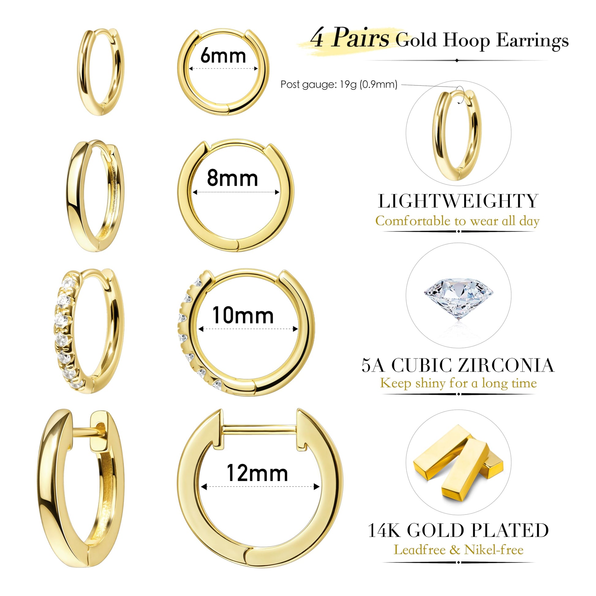 Gold Hoop Earrings for Women Trendy Hypoallergenic Small Huggie Cartilage Stack Cute Earring Set for Sensitive Ears Clip On 14K Gold Helix Conch Rook Tragus Daith Piercing Jewelry Gifts for Mom Accessories