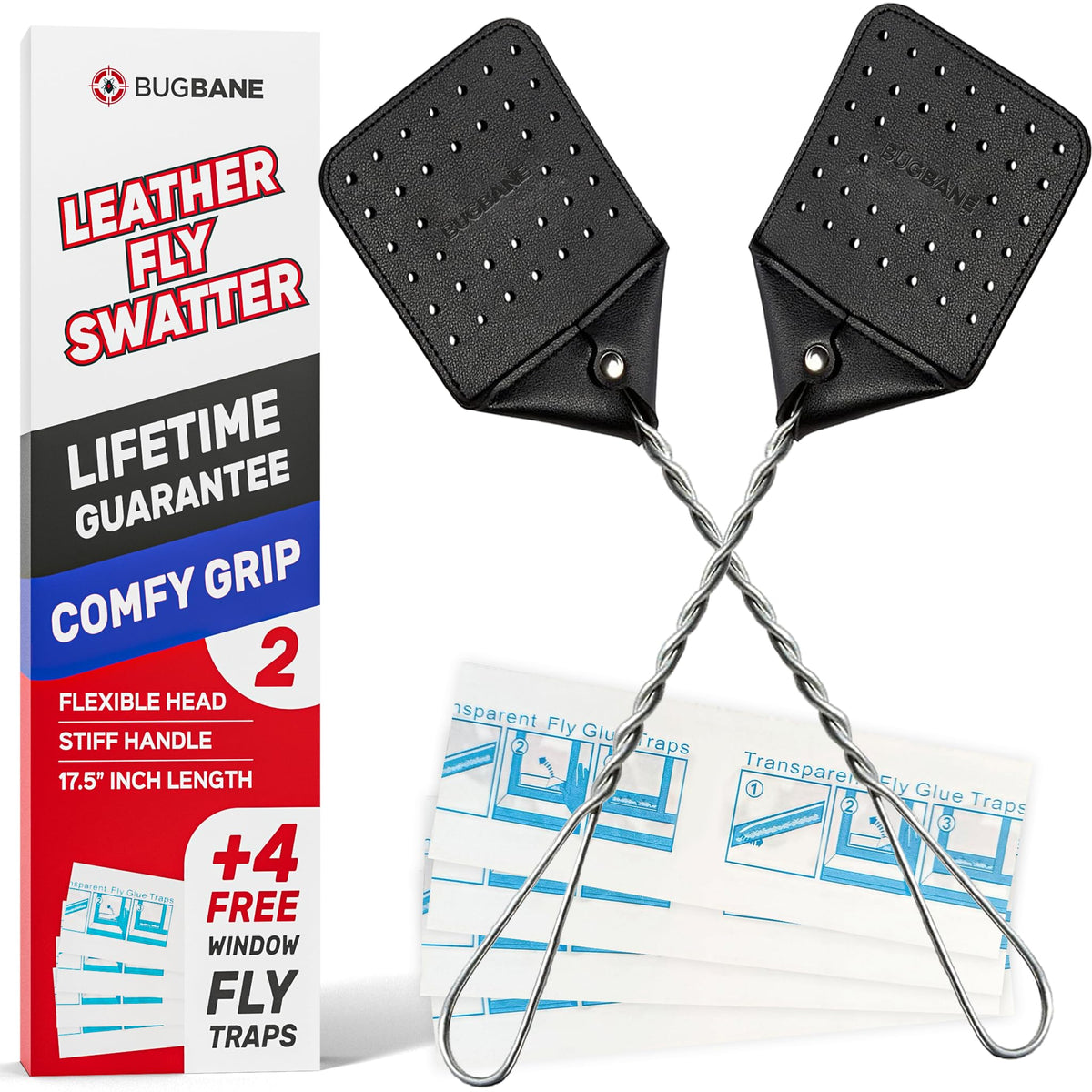 2 Leder Fliegenklatschen für den Innenbereich. Langer Griff, robuste manuelle Fliegenklatsche im Multipack. Robuste Fliegenklatschen, 2er-Pack. Fliegenklatsche inklusive 4 klebrigen Fenster-Insektenfallen. Mata Moscas Outdoor