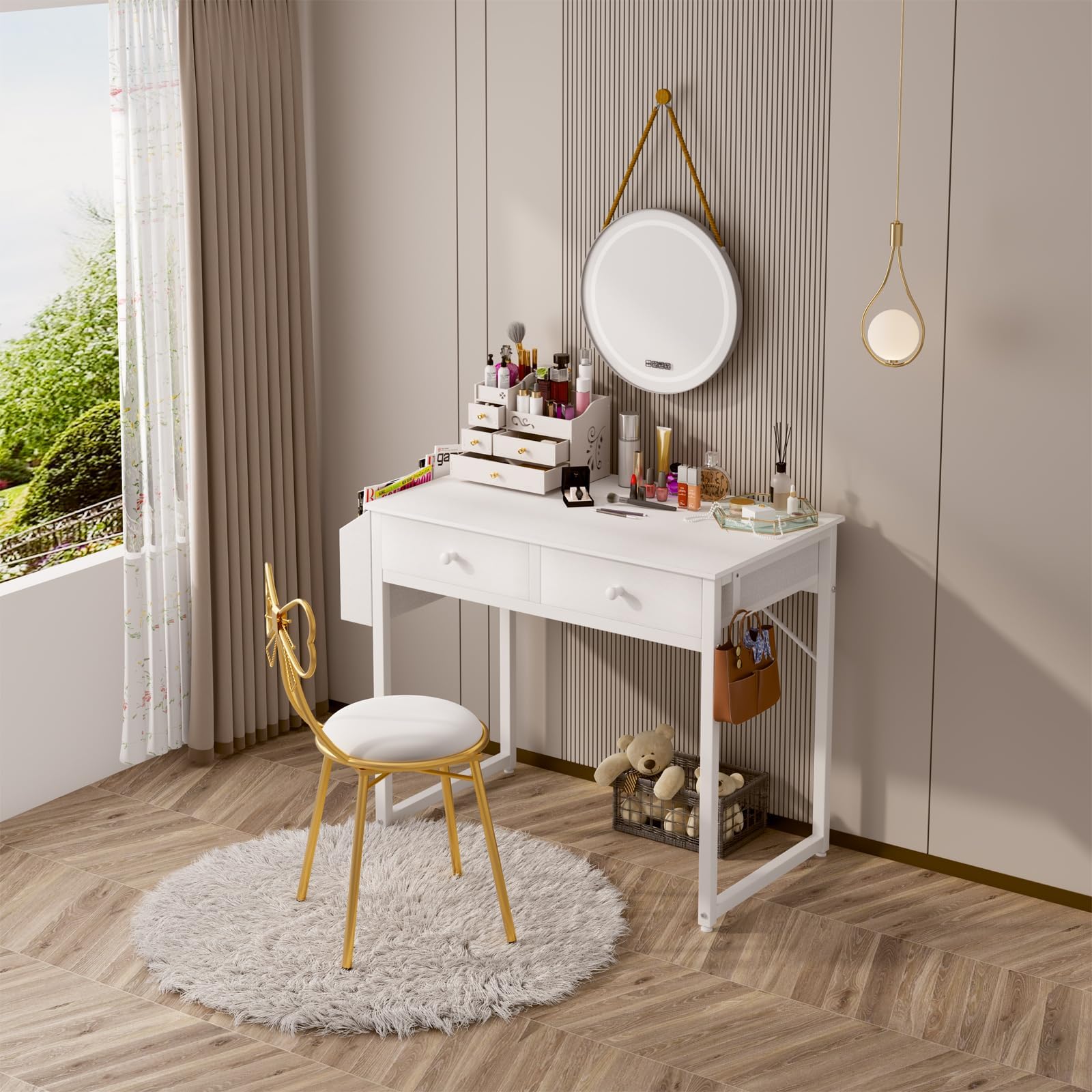 Lufeiya Small White Desk with Drawers - for Bedroom, 32 Inch Home Office Computer Desk with Fabric Storage Drawer and Bag, Study Writing Table for Small Spaces, White
