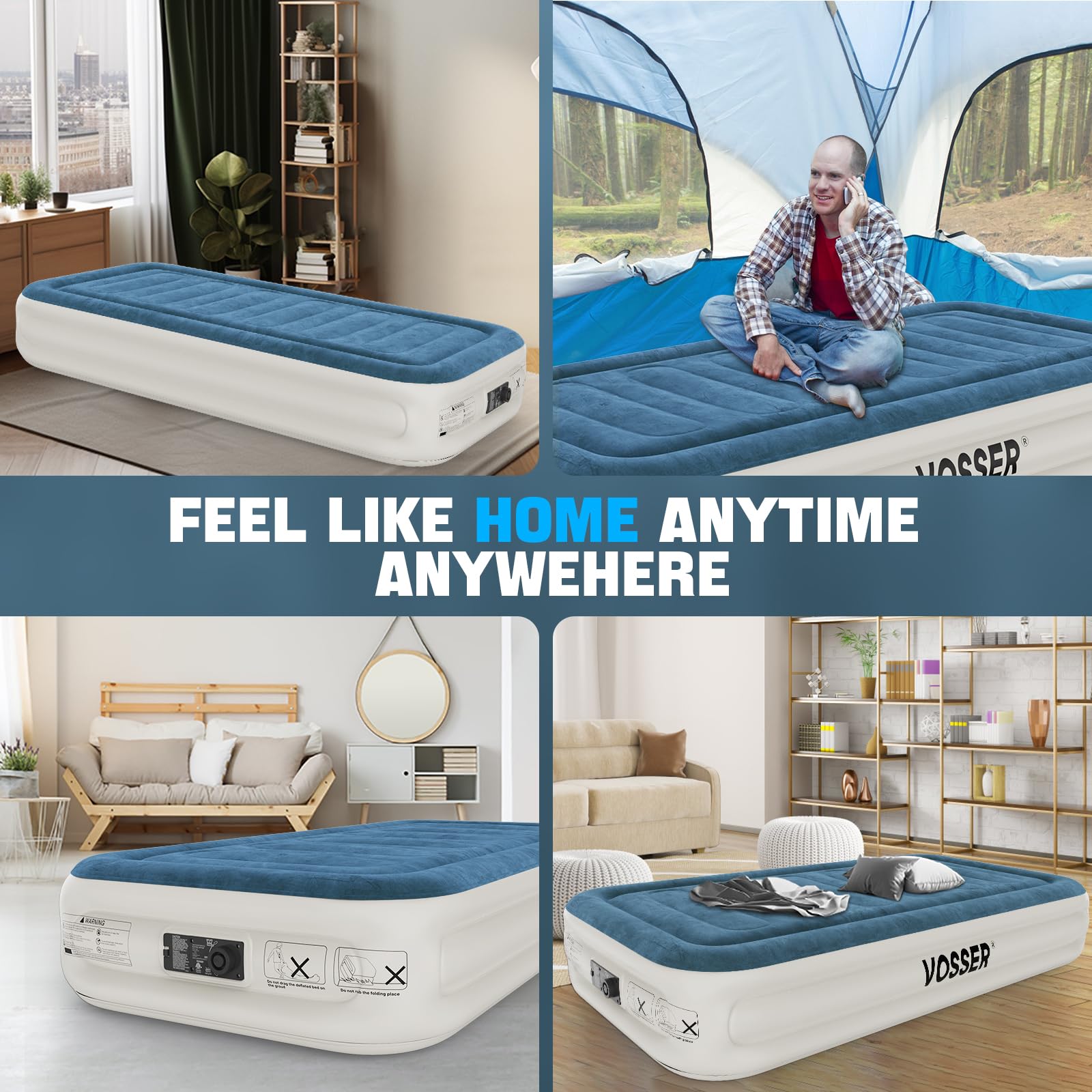 VOSSER Twin Air Mattress with Built-in Pump,Fast & Easy Inflation/Deflation Inflatable Mattress, Foldable Blow Up Mattress with Storage Bag, Inflatable Bed for Home, Camping & Guests