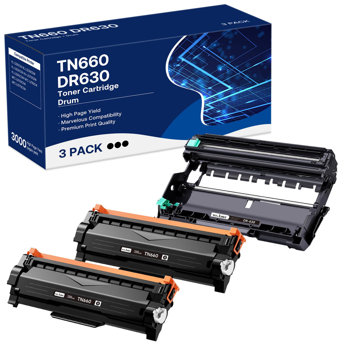 WEAREC Kompatible Toner- & Trommeleinheit Ersatz für Brother TN660 TN-660 TN630 DR630 Kompatibel mit HL-L2300D HL-L2360DW DCP-L2520DW MFC-L2700DW MFC-L2740DW Drucker (Schwarz, 3er-Pack)