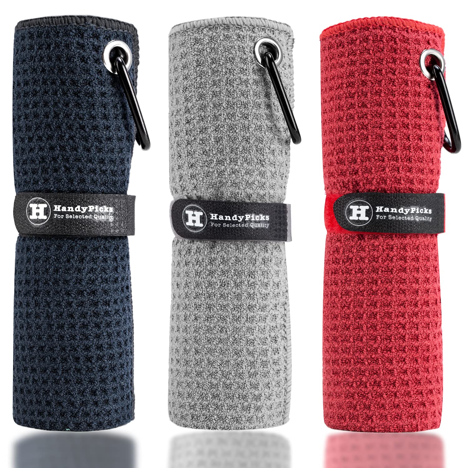 Handy Picks Mikrofasergolfhandtuch (40,6 cm x 40,6 cm) mit Karabinerhaken, Waffelmuster und Klettverschluss – Das praktische Golf-Reinigungstuch Schwarz/Grau/Rot