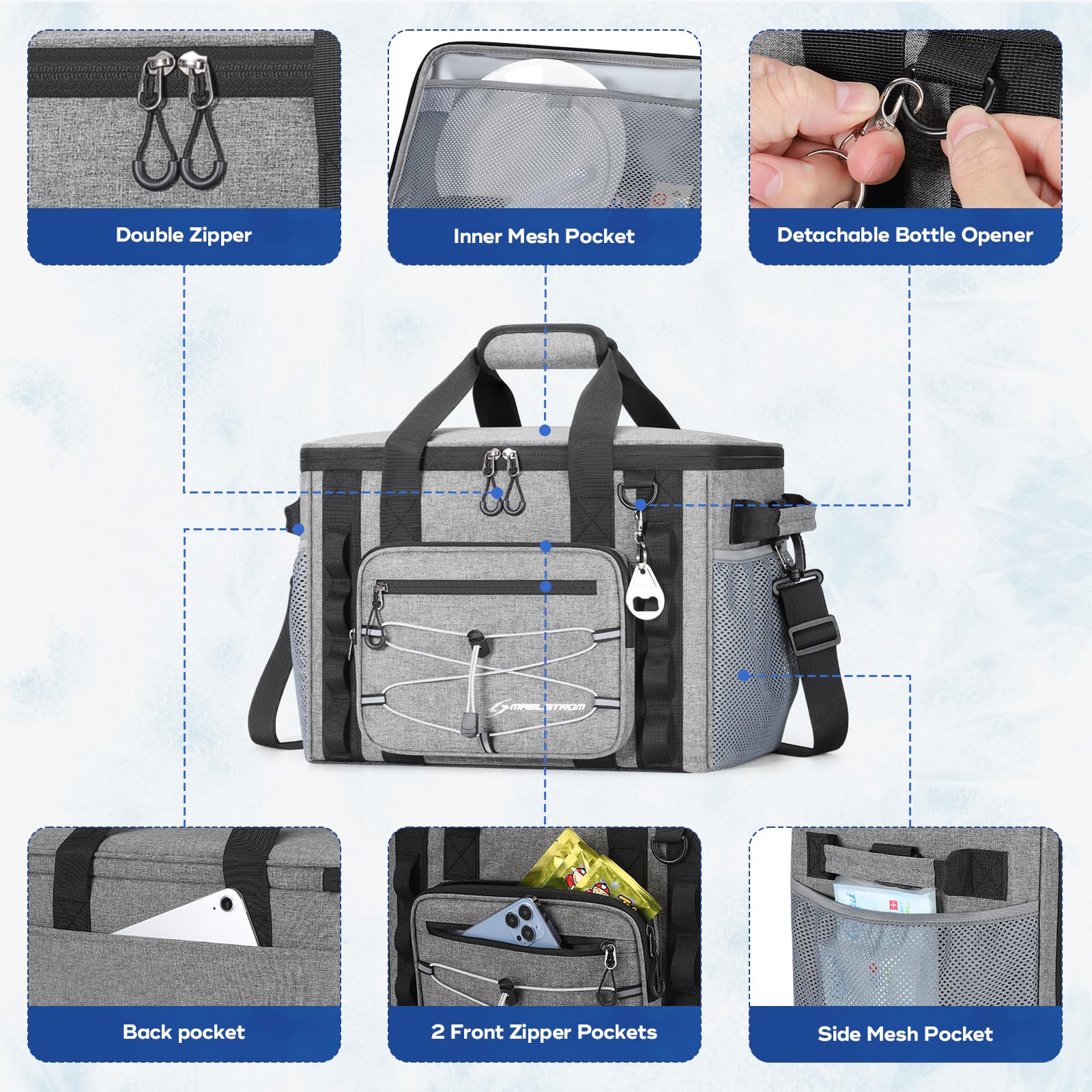 Maelstrom Soft Sided Cooler Bag,30 Can Collapsible Insulated Ice Chest – Large Leakproof, Portable for Camping, Kayaking & Beach, Gray