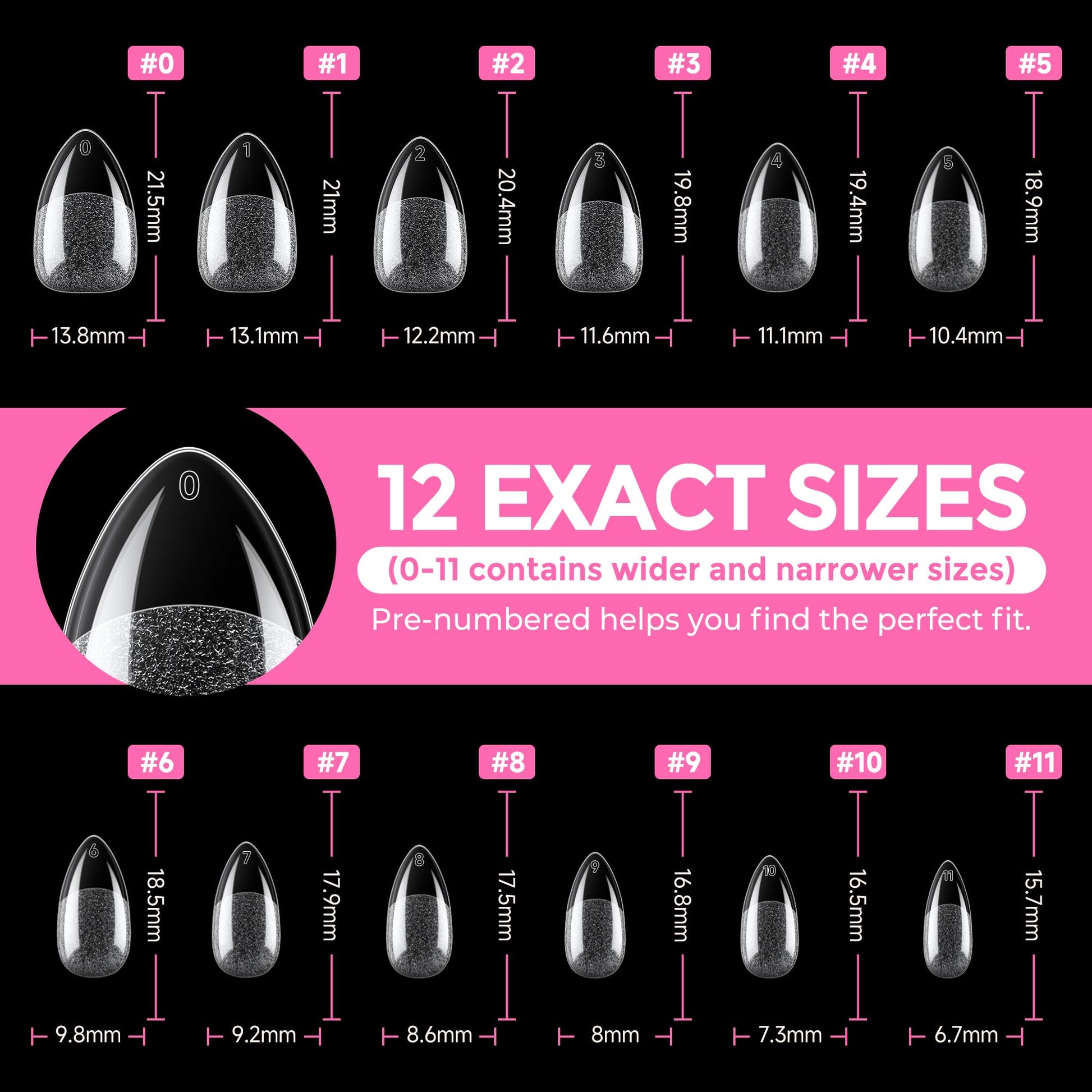 UNA GELLA Short Almond Fake Nails 216pcs Pre-shape Gel Acrylic Nail Tips for Full Cover Nail Extension Home DIY Nail Salon 12 Sizes Gelly Tips