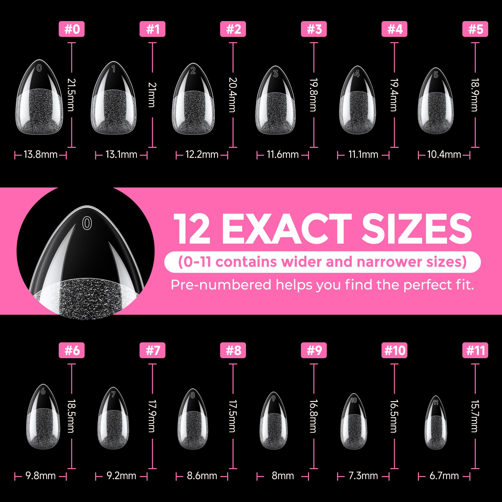 UNA GELLA Short Almond Fake Nails 216pcs Pre-shape Gel Acrylic Nail Tips for Full Cover Nail Extension Home DIY Nail Salon 12 Sizes Gelly Tips