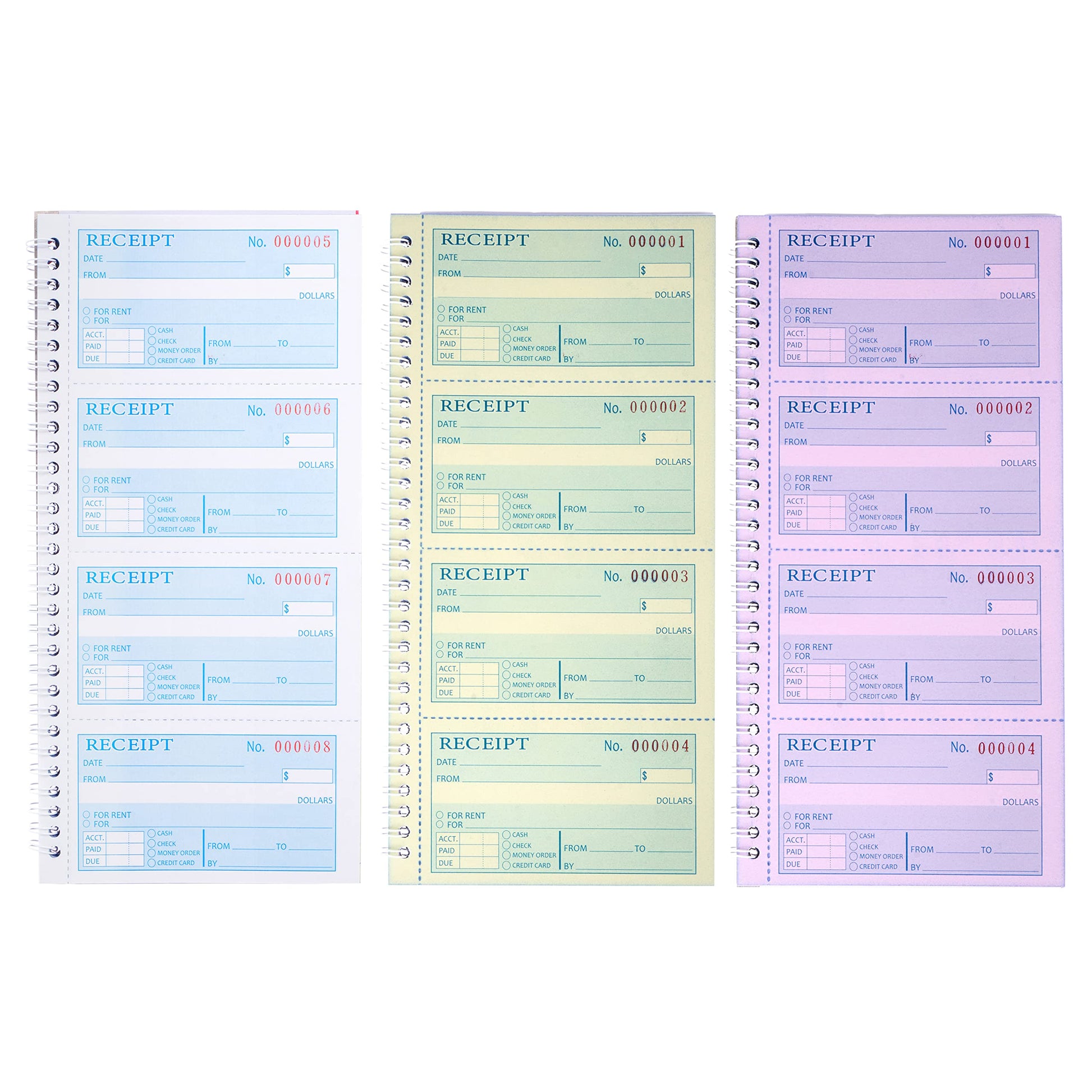 Receipt Books with Carbon Copies,Money and Rent Receipt Book,3-Part Carbonless,5.31" x 11.22",Receipt Book for Small Business,Blue,Yellow and Pink Copy,100 Sets Per Book