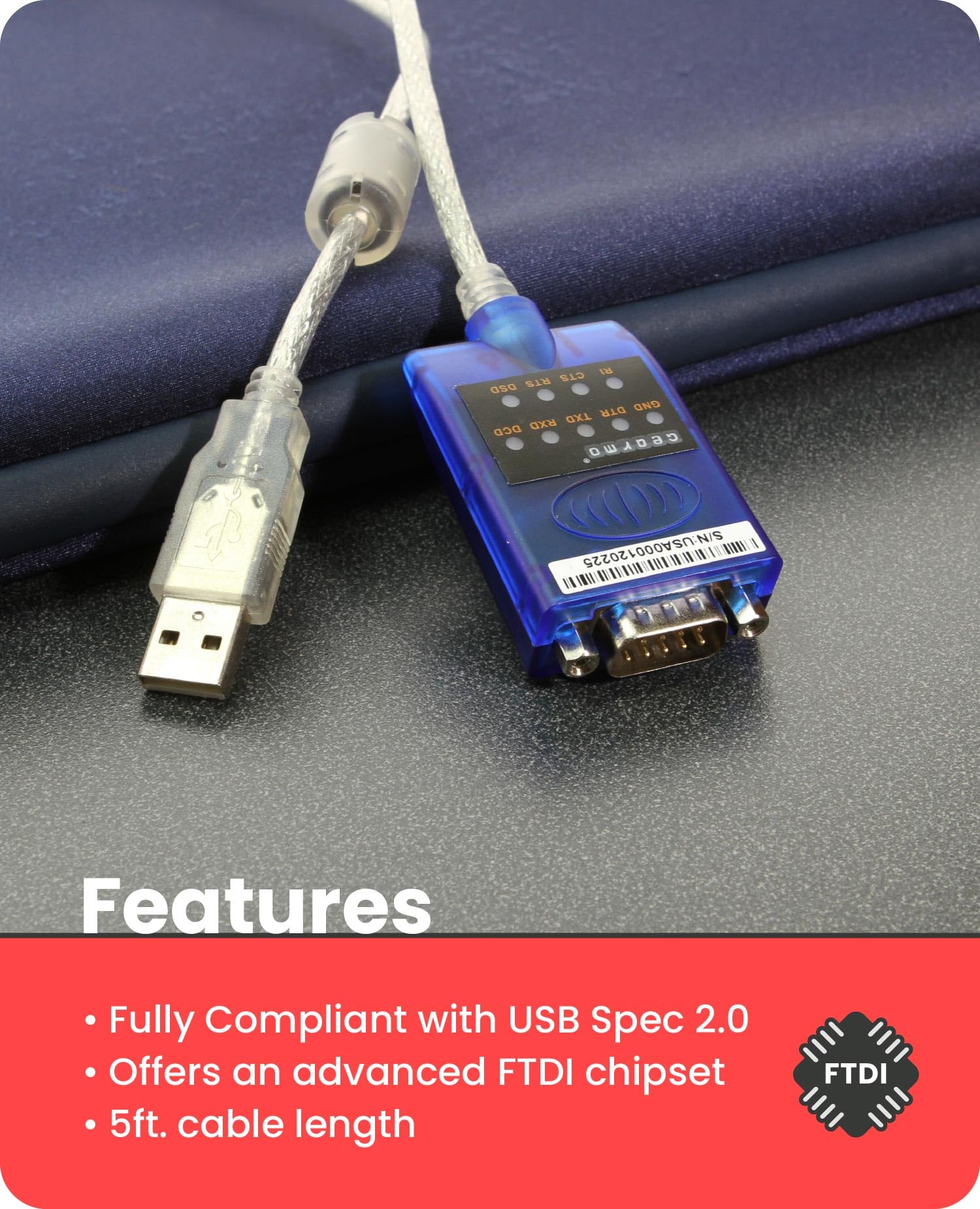 Gearmo USB to Serial RS-232 Adapter with LED Indicators, FTDI Chipset, Supports Windows 11/10/8.1/8/7, Mac OS X 10.6 and Above