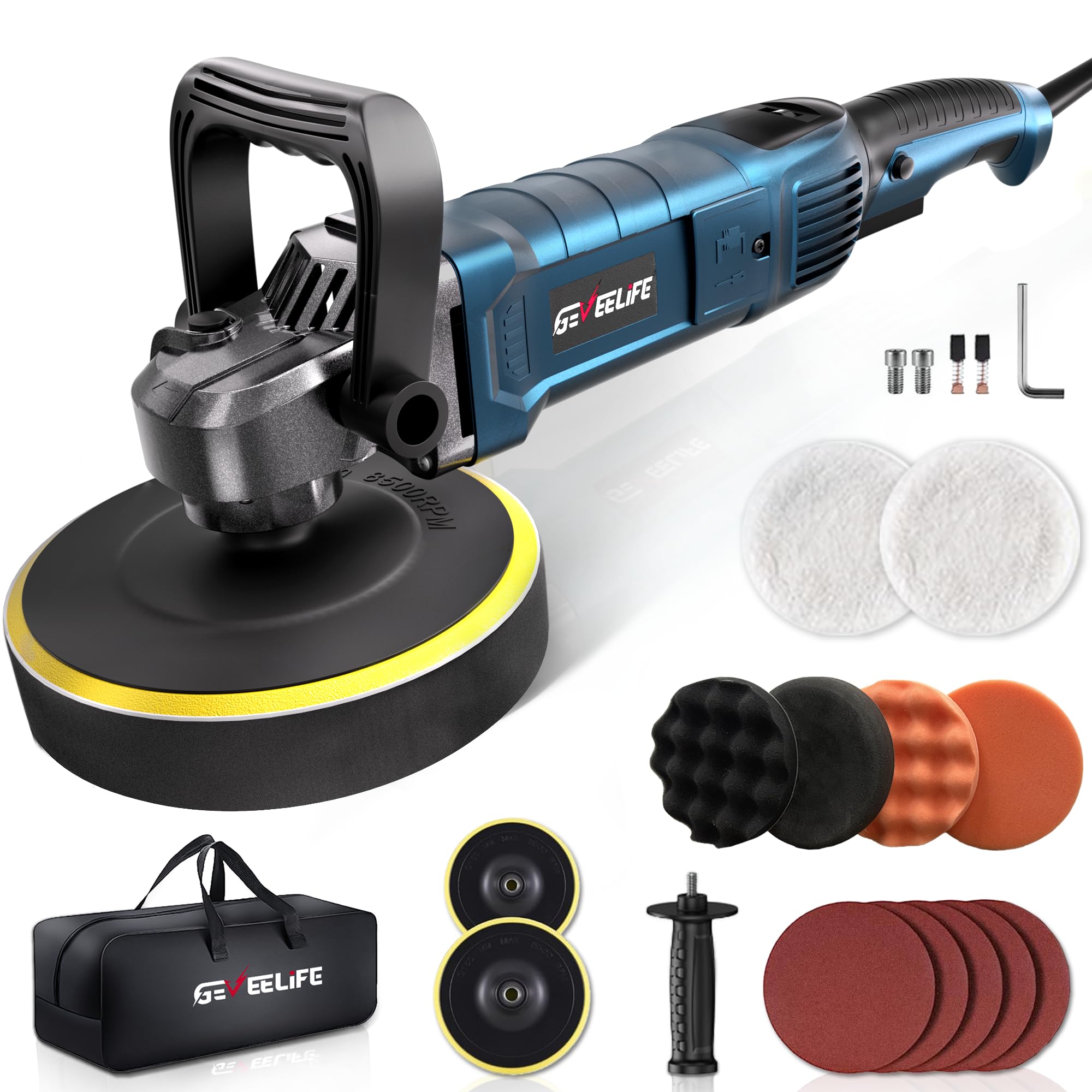GEVEELIFE Buffer Polisher, 6 Inch/7 Inch 1600W Rotary Car Buffer Polisher Waxer, 7 Variable Speed 1000-3500 RPM, Detachable Handle for Car, Boat Sanding, Polishing, Waxing