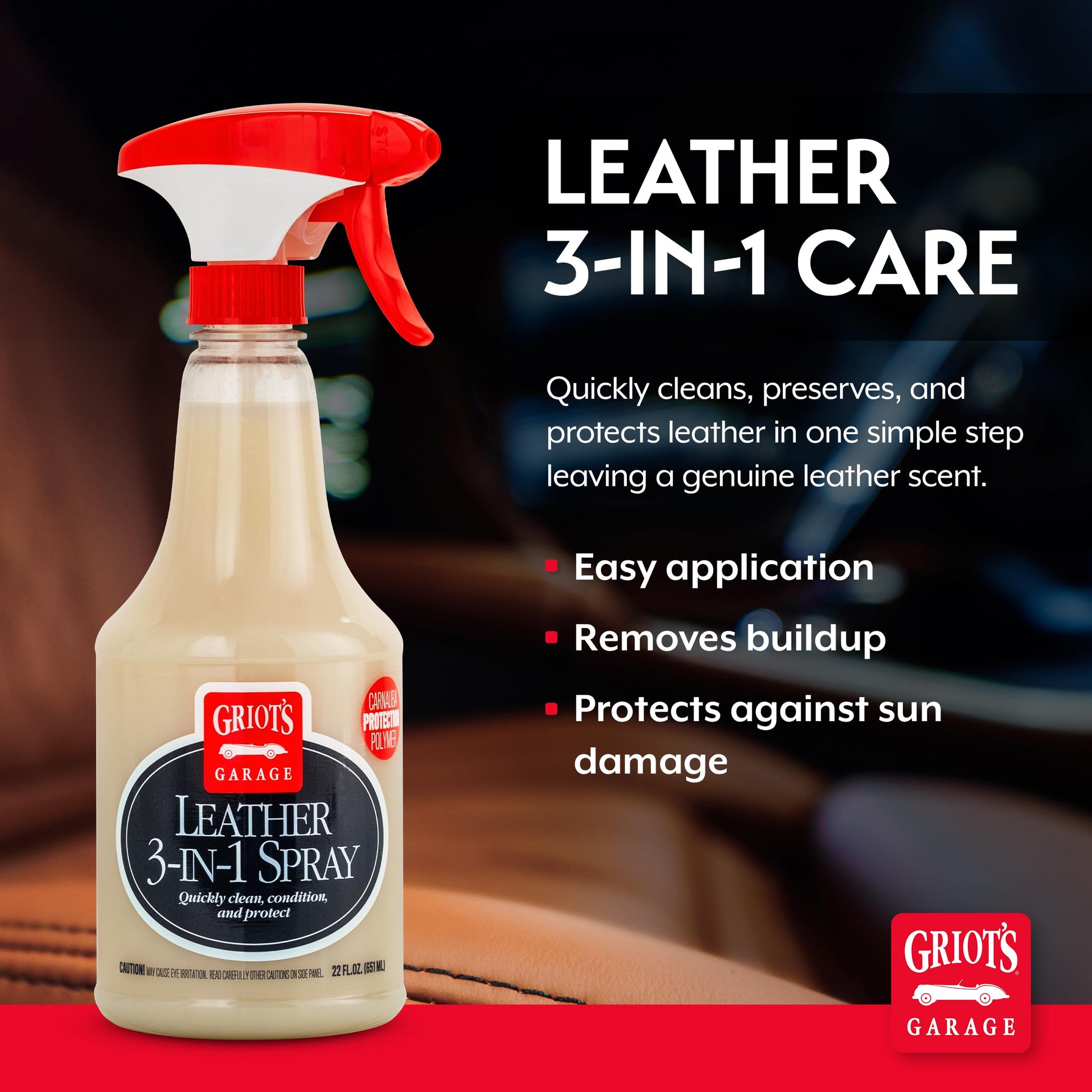 Griot's Garage Leather 3-in-1 Spray, Cleaner and Conditioner for Leather and Vinyl, Car Seats and Vehicle Interior, Truck, RV, Boats, and Home, 10963, 22 oz