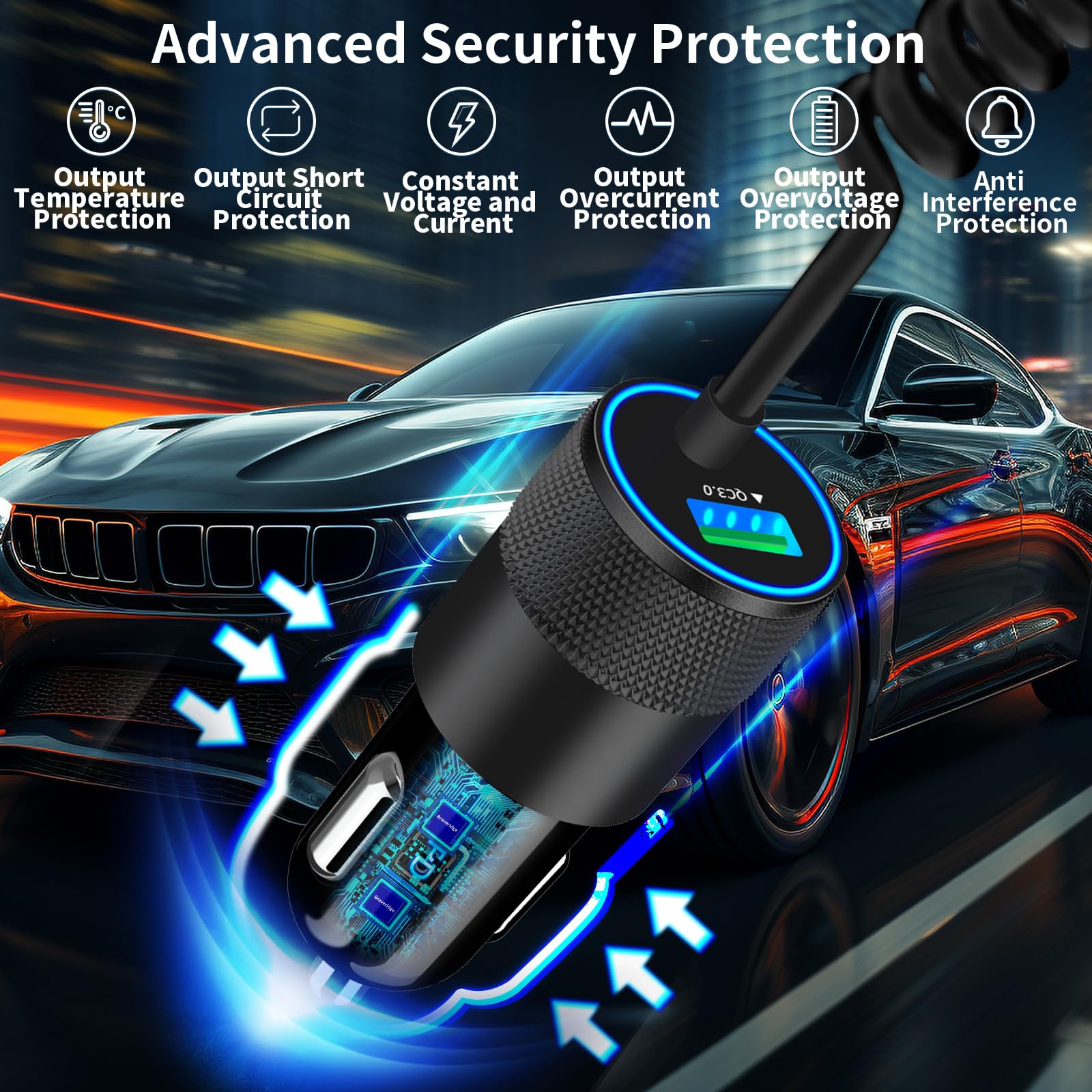 【MFi Certified】iPhone 17 Car Charger Fast Charging, Braveridge 75W USB C PD&QC Car Power Cigarette Lighter USB Charger with 6FT Type C Coiled Cable for iPhone 17/17 Pro Max/16/15/Galaxy S25/S24/Pixel