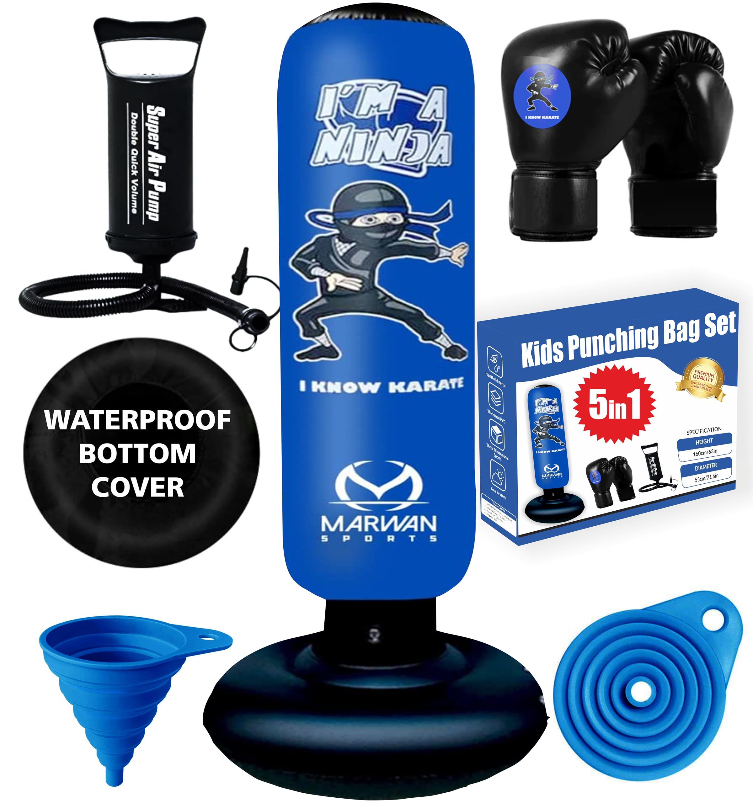 Marwan Sports Inflatable Punching Bag for Kids - 5-in-1 Birthday Set with Gloves, Pump & Fast Rebound - Fun Active Toy for Boys Ages 4-12