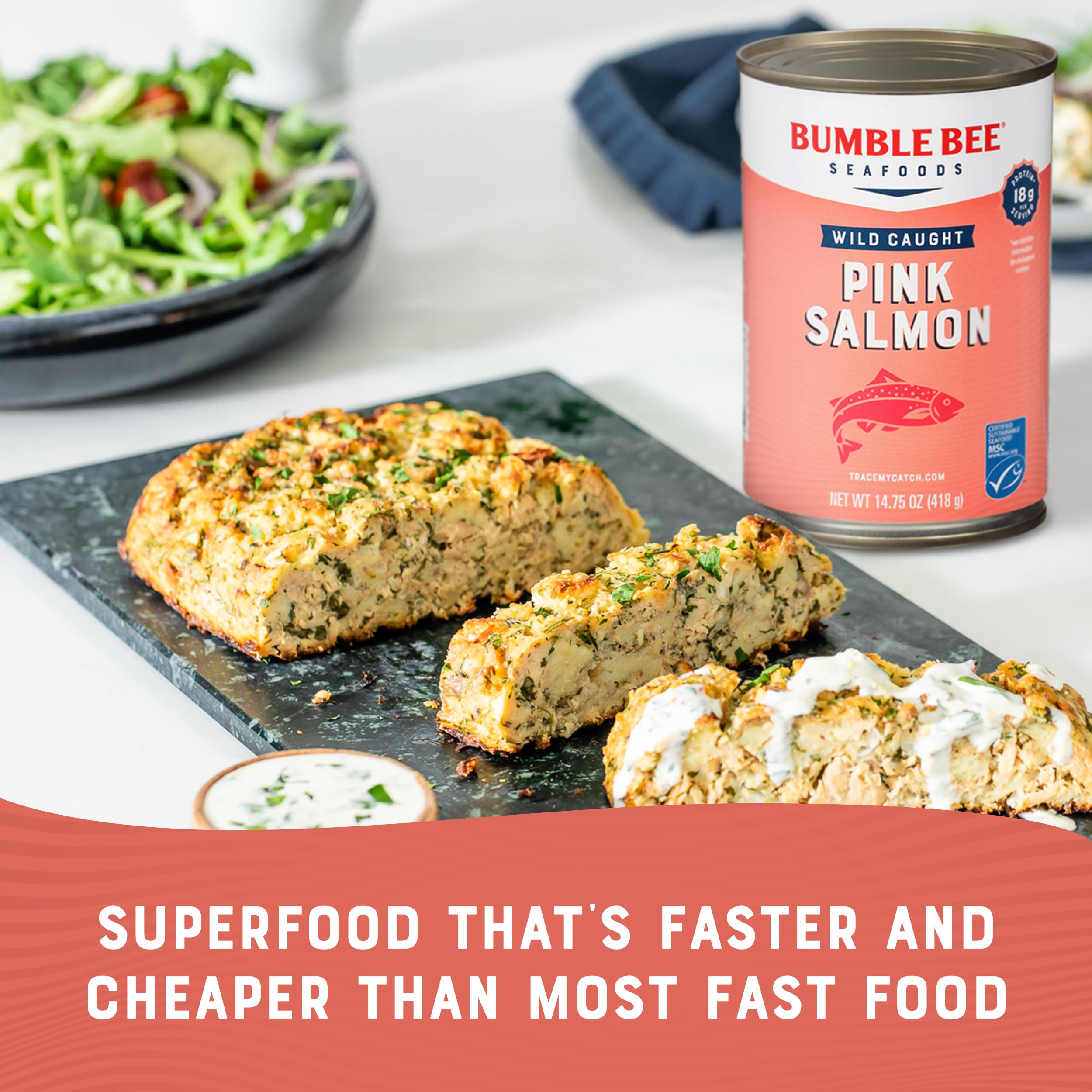 Bumble Bee Canned Pink Salmon, 14.75 oz Can - Premium Wild Caught Salmon with Skin & Bones - 18g Protein per Serving - MSC Certified Sustainable Seafood, Non-GMO, Gluten Free, Kosher
