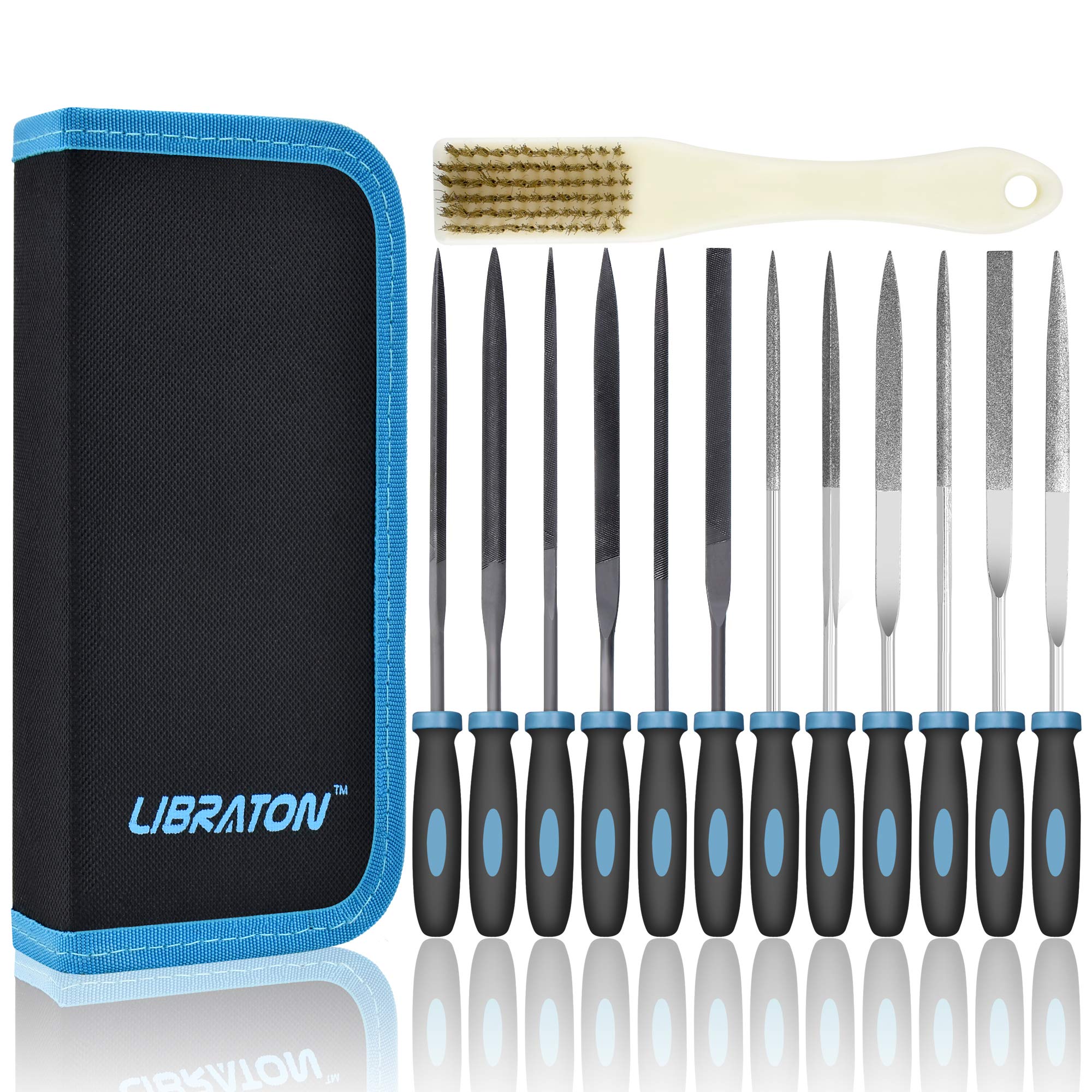 LIBRATON طقم مبارد صغير، 13 قطعة مبارد إبر ماسية، 6 جواهرجية و 6 فولاذية لأعمال المعادن الدقيقة، الخشب، أعمال النجارة، أداة نحت البلاستيك مع فرشاة وحقيبة حمل