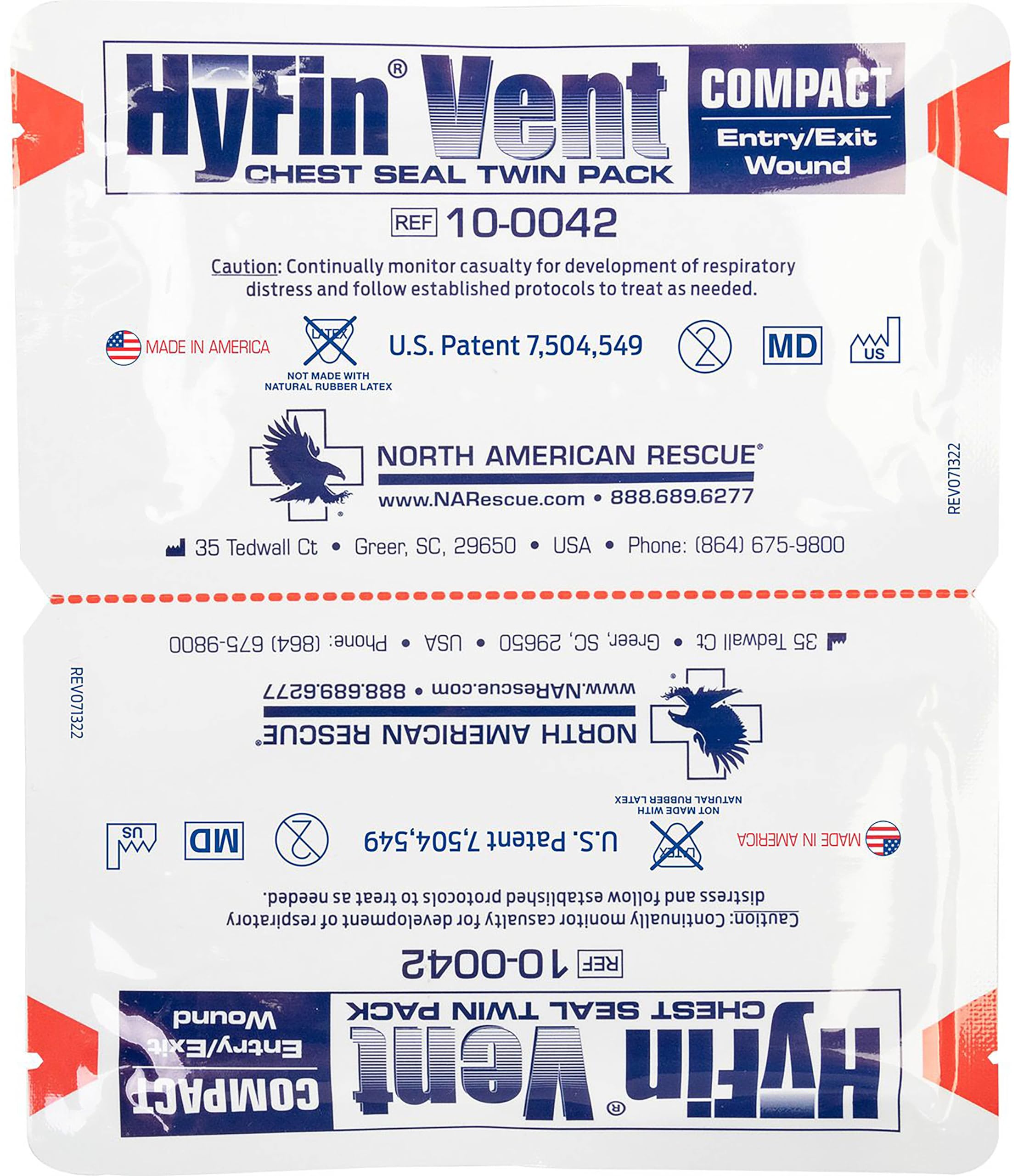 North American Rescue HyFin Vent Chest Seal (Twin Pack) NAR Vented Compact Chest Seals for Wounds, Trauma (10-0042)
