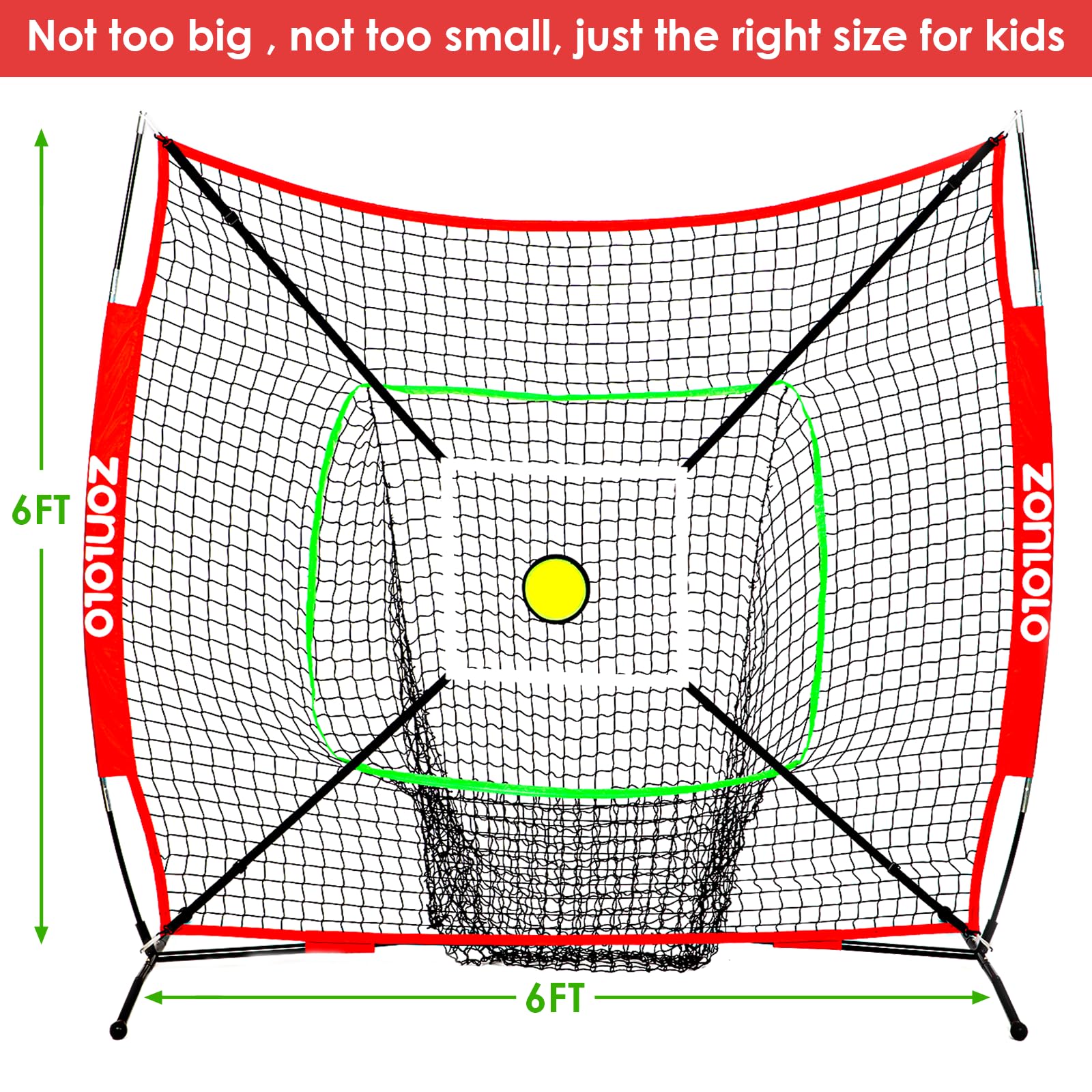 ZONLOLO 6x6ft Portable Baseball & Softball Net for Hitting and Pitching, with Sturdy Bow Frame and Carry Bag, Special Circular Target and Strike Zone for Accurate Throwing Practice, Great for Kids