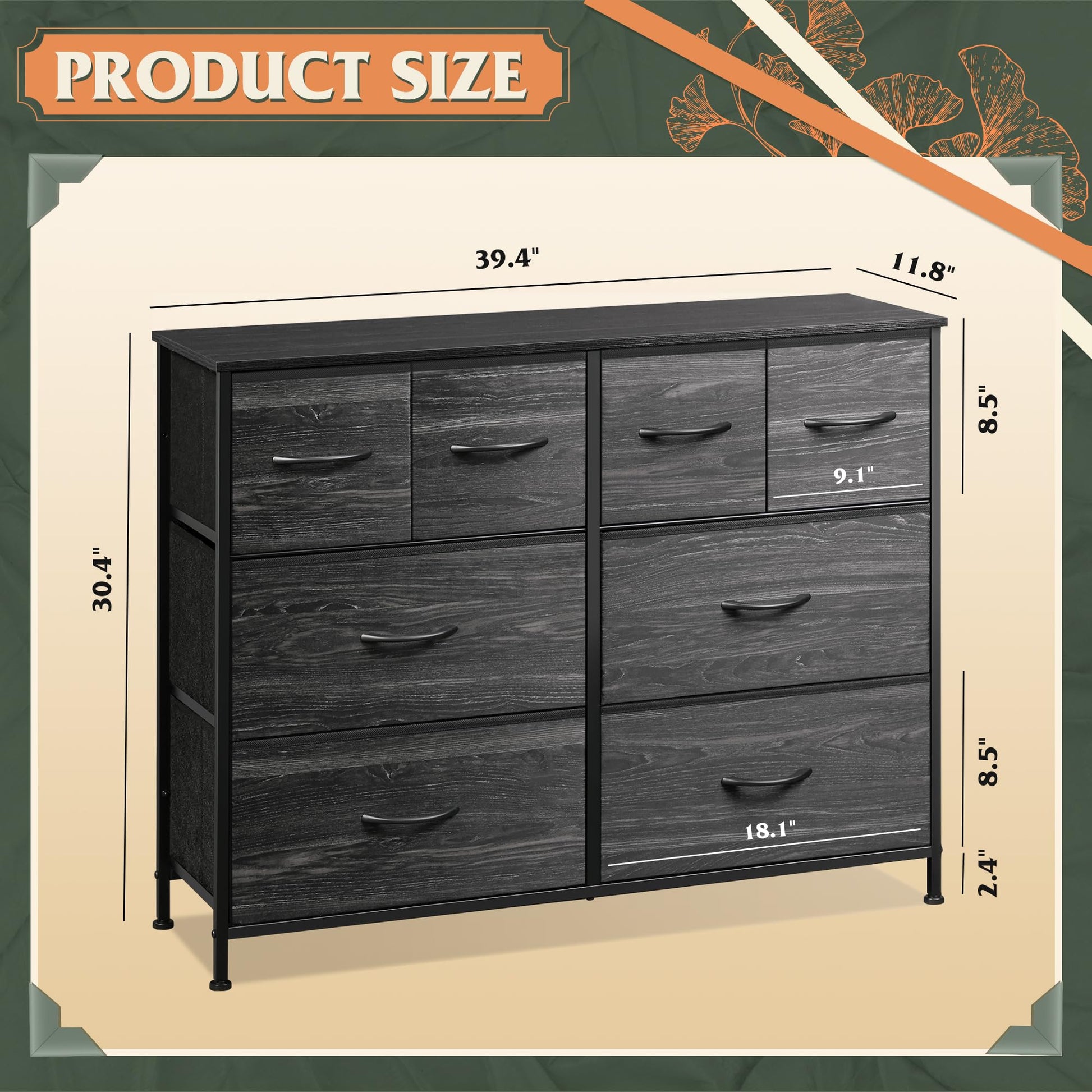 WLIVE Dresser for Bedroom with 8 Drawers, Wide Fabric Dresser for Storage and Organization, Bedroom Dressers, Chest of Drawers for Living Room, Closet, Hallway, Charcoal Black Wood Grain Print
