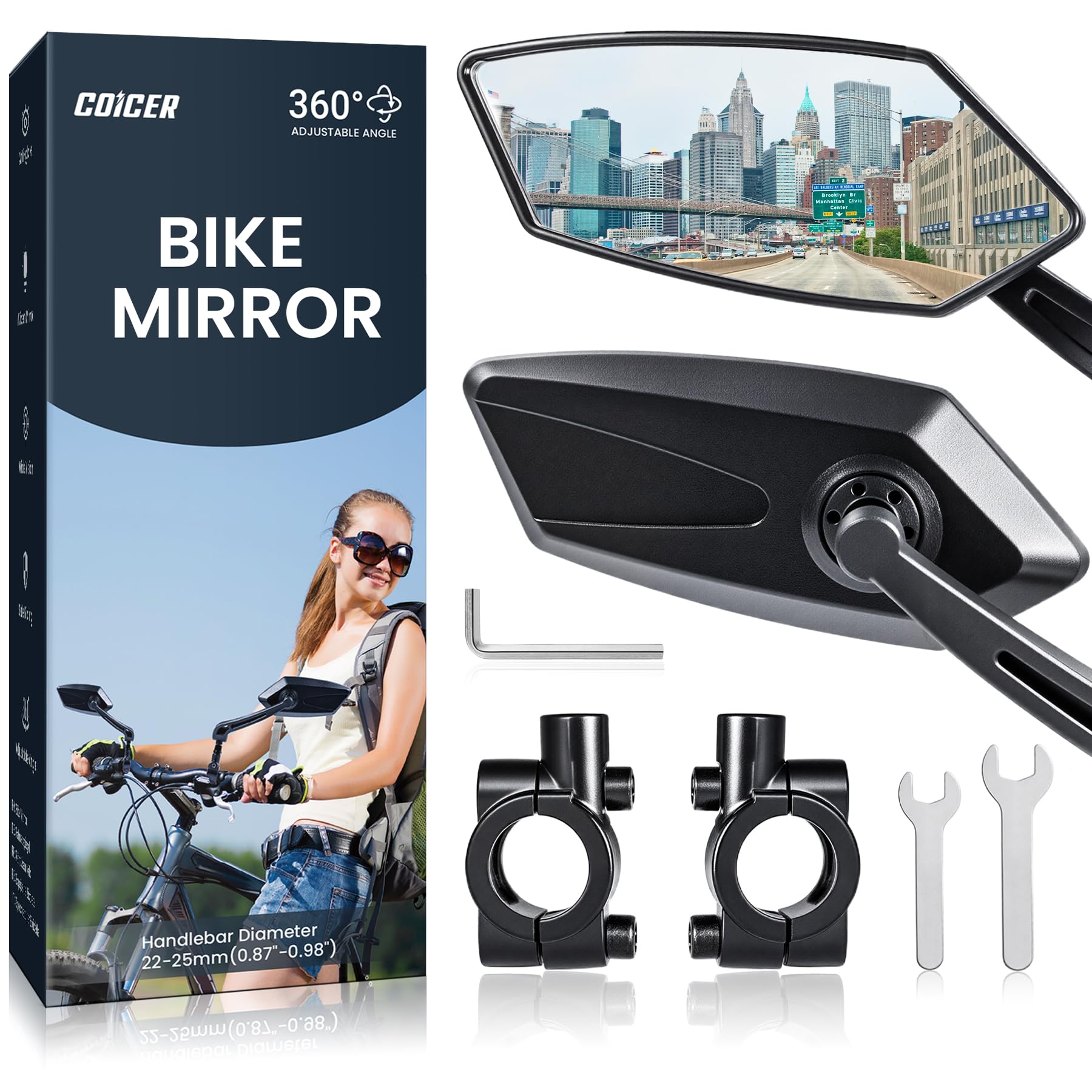 Bike Mirror Handlebar Mount 360 degrees Adjustable 2pcs, Bike Accessories Bicycle Mirrors for Handlebars with Scratch Resistant Glass, E Bike Rear View Mirror for Scooter, Motorcycle