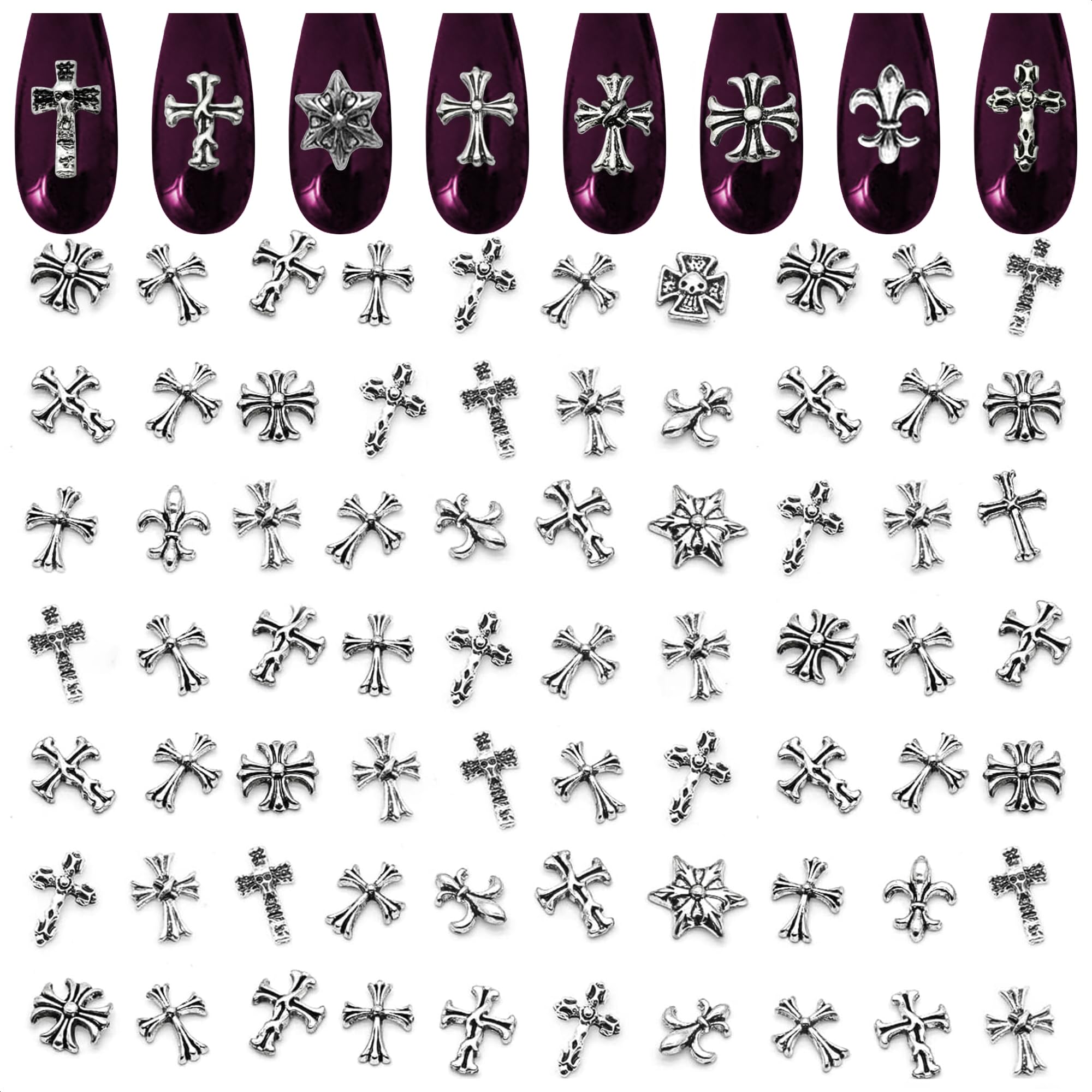 100 Stück Silberkreuz-Nagelanhänger und -Steine – 3D Acryl-Kreuzanhänger für Nägel für DIY & professionelle Maniküre – Einfach anzubringende und langlebige Nageldekorationen, vielseitig für Y2K & Nagel-Nieten