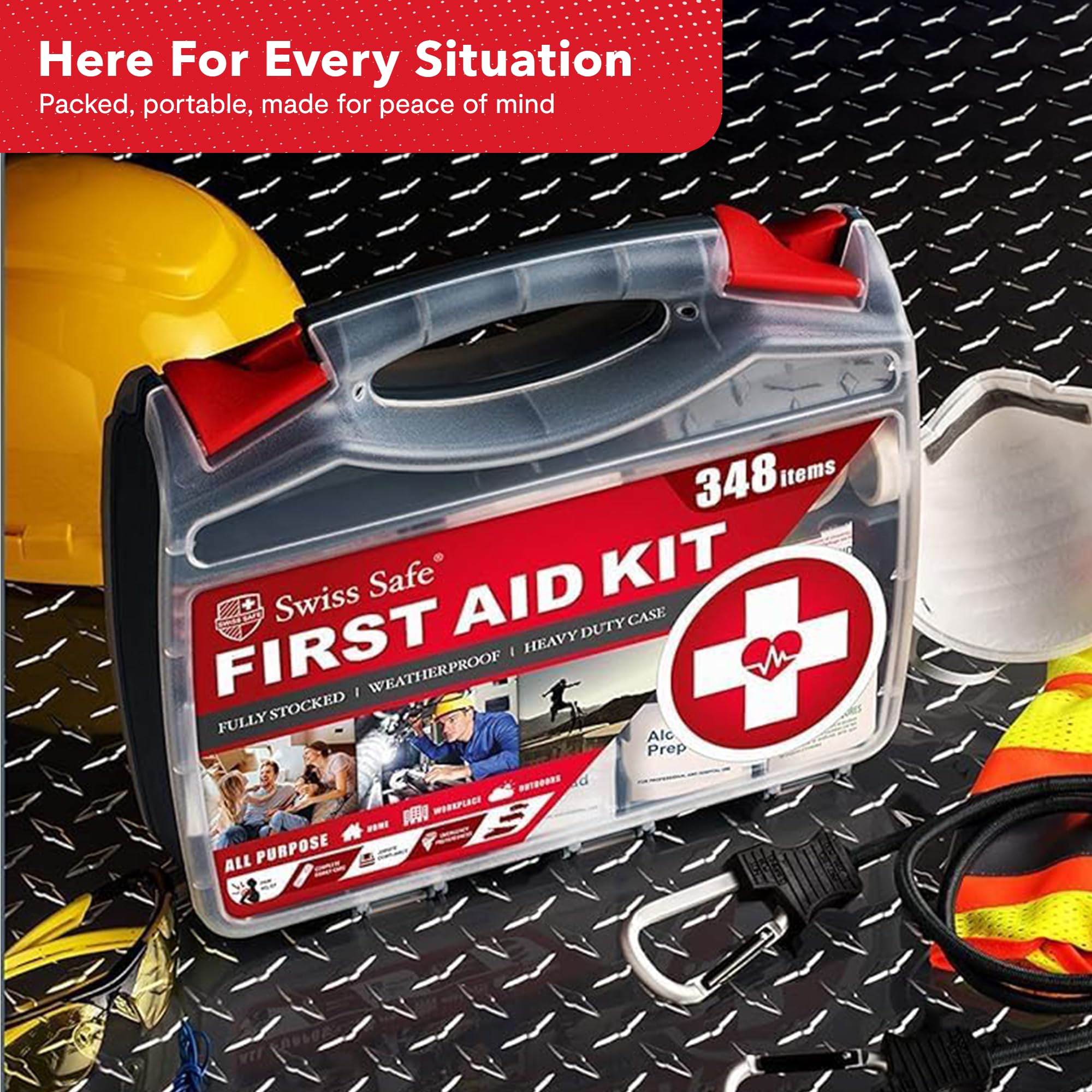 Swiss Safe 2-in-1 First Aid Kit for Car, Travel & Home, Businesses - Bonus Mini Kit for Medical Emergency Aid, Survival, Camping - FSA & HSA Eligible - 348 Pcs, Large Hardcase FAK