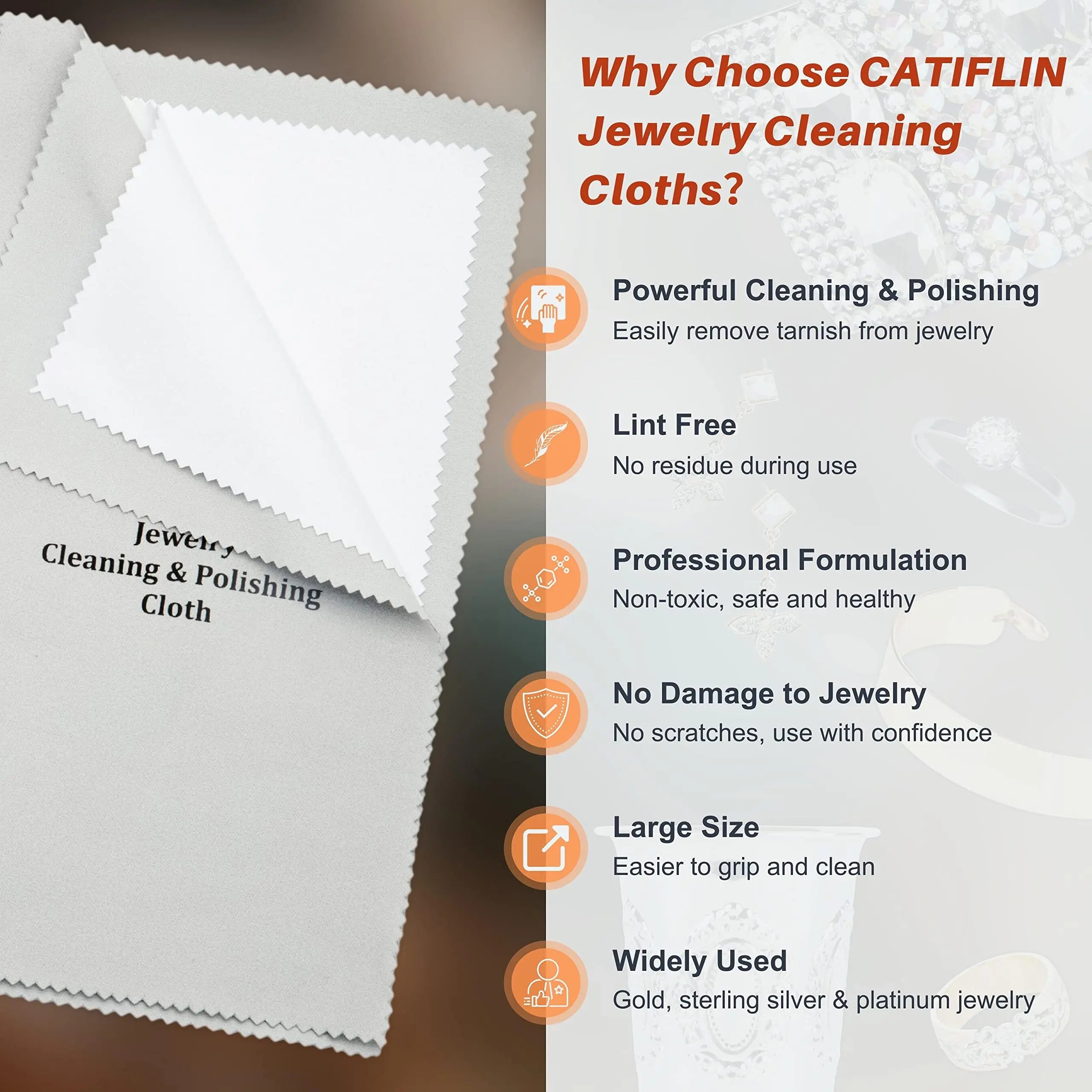CATIFLIN 2pcs Multi-Layer Jewelry Cleaning Cloth, Large Silver Polishing Cloth, 100% Cotton Jewelry Polishing Cloths for Gold, Silver and Platinum Jewelry (Light Gray, 10 "X12")