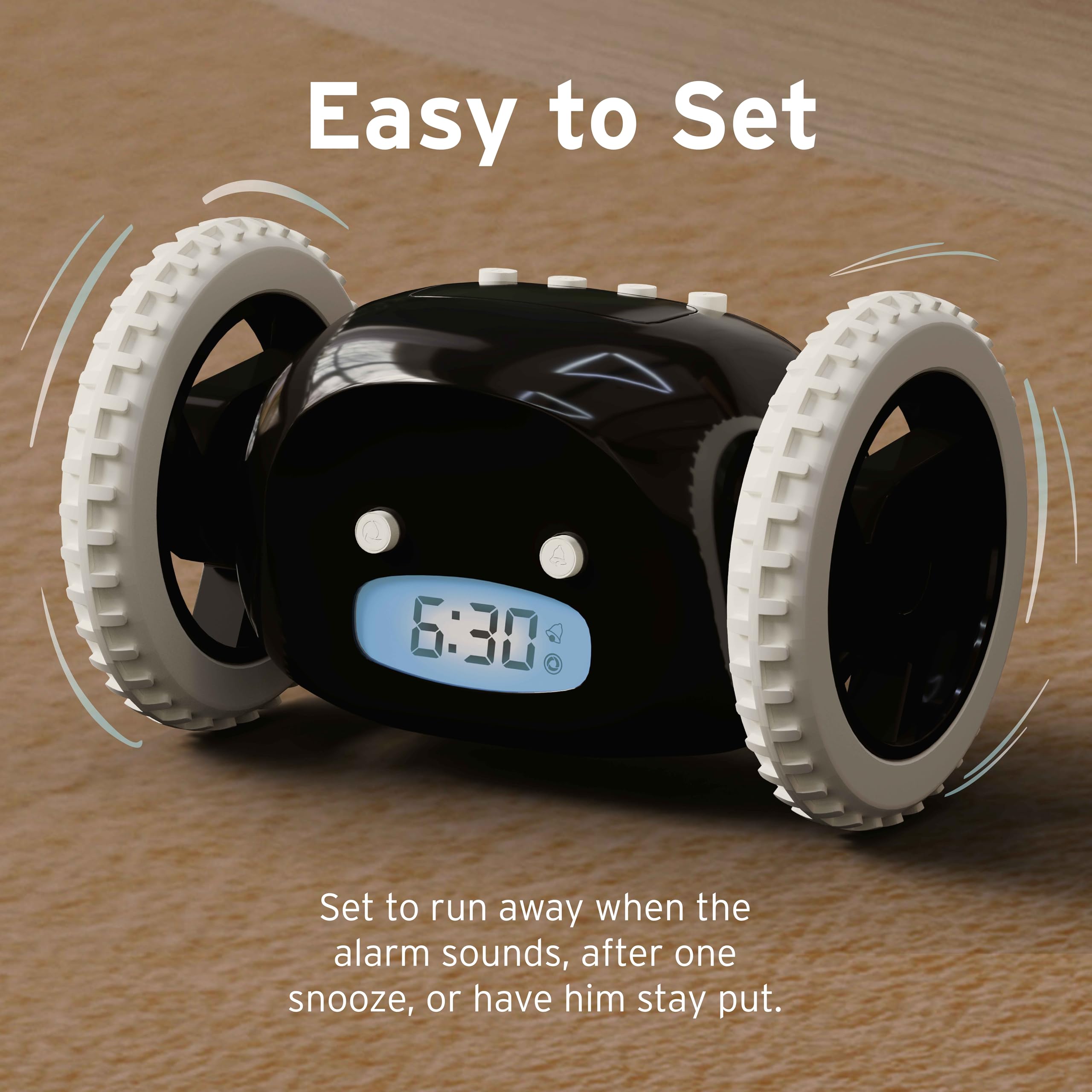 CLOCKY Extra Loud Alarm Clock for Heavy Sleepers on Wheels Rolls Runs Away Vibrating, Easy to Set Super Smart Snooze Digital Bed Shaker Alarm Clock Funny Gift for Adults Kids Teens Bedrooms (Black)