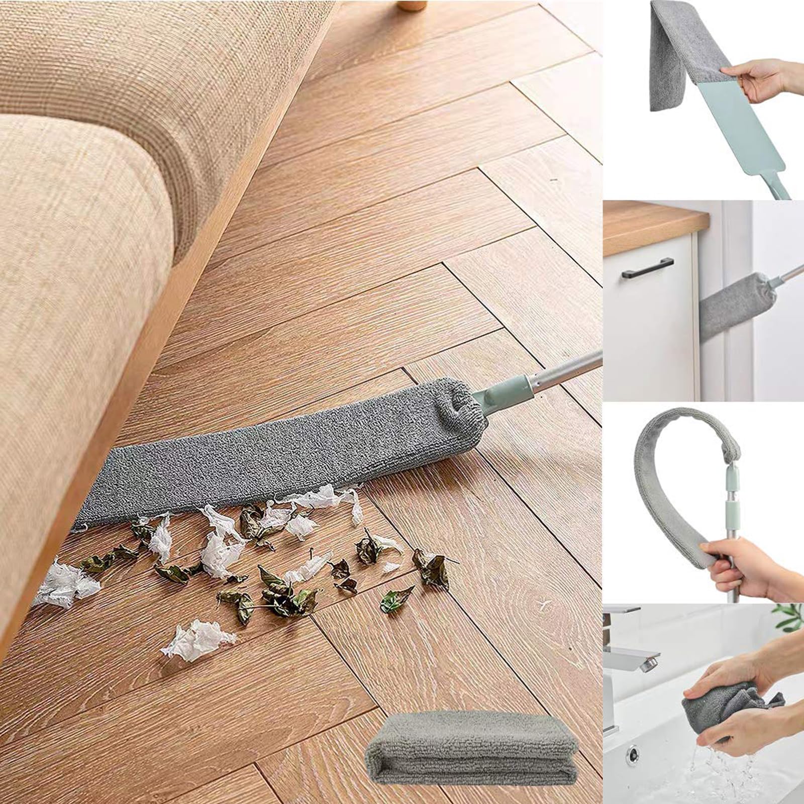 Dust Brush Under Appliance Microfiber Duster with Extension Pole (40 to 55 inches) Bendable, Washable, Extendable Gap Dusters for Sofa Bed Fridge Furniture Bottom - Wet or Dry