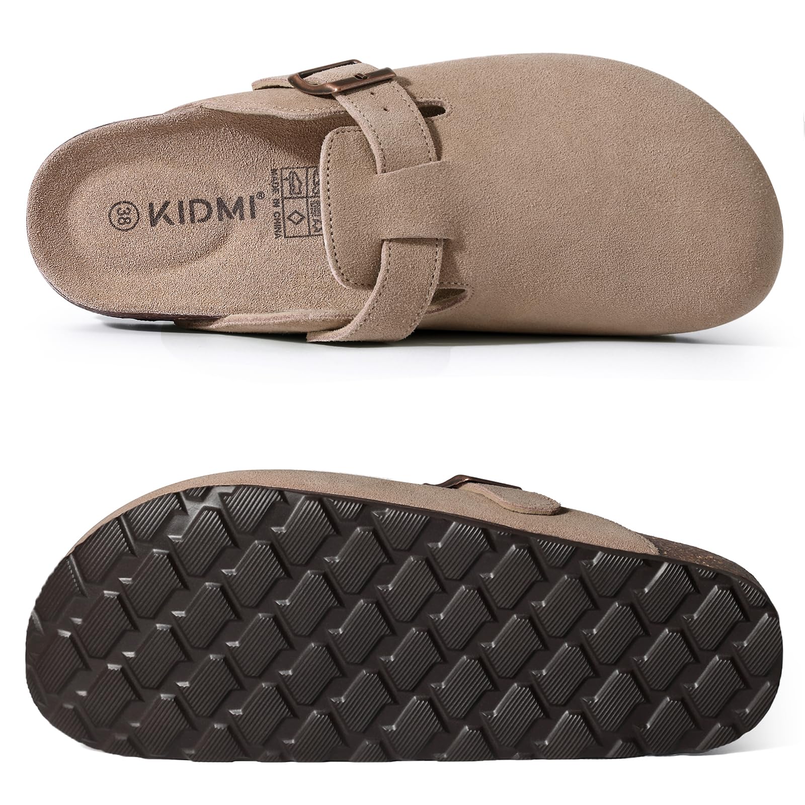 KIDMI Women's Genuine Suede Clogs Cork Footbed Sandals Leather Mules Potato Shoes with Arch Support Taupe 40 (Size 8.5)
