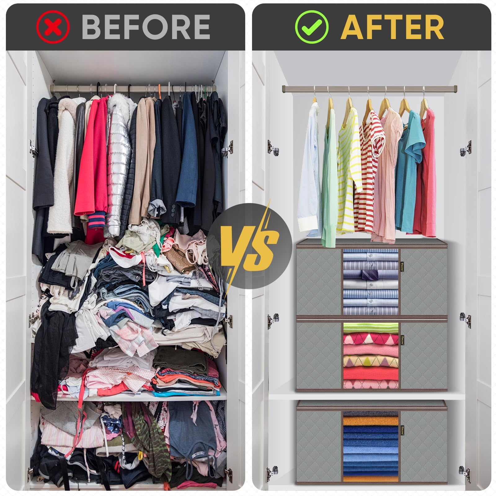 BALEINE 2 Pack Clothes Storage Bags, 24 Gallon Storage Containers with Reinforced Handle, Sturdy Zipper, Closet Organizer for Blanket, Comforter, Pillow, Bedding (Grey, 2 Pack)