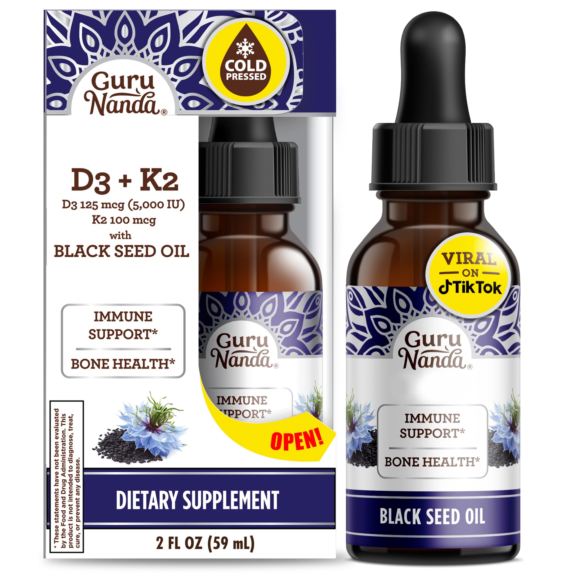 GuruNanda Black Seed Oil, Cold-Pressed Nigella Sativa - Rich in Vitamin D3 5000 Units, K2 & E, High Thymoquinone | Potent Antioxidant for Immune Support, Non-GMO, 2 Fl.oz
