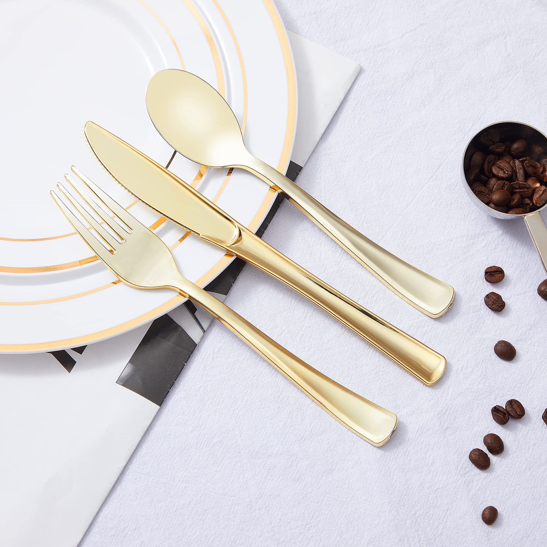 N9R 300PCS Gold Plastic Silverware, Heavy Duty Gold Plastic Cutlery Set Disposable Flatware Dinnerware, 100 Forks, 100 Spoons, 100 Knives, Perfect for Party, Wedding and Daily Use