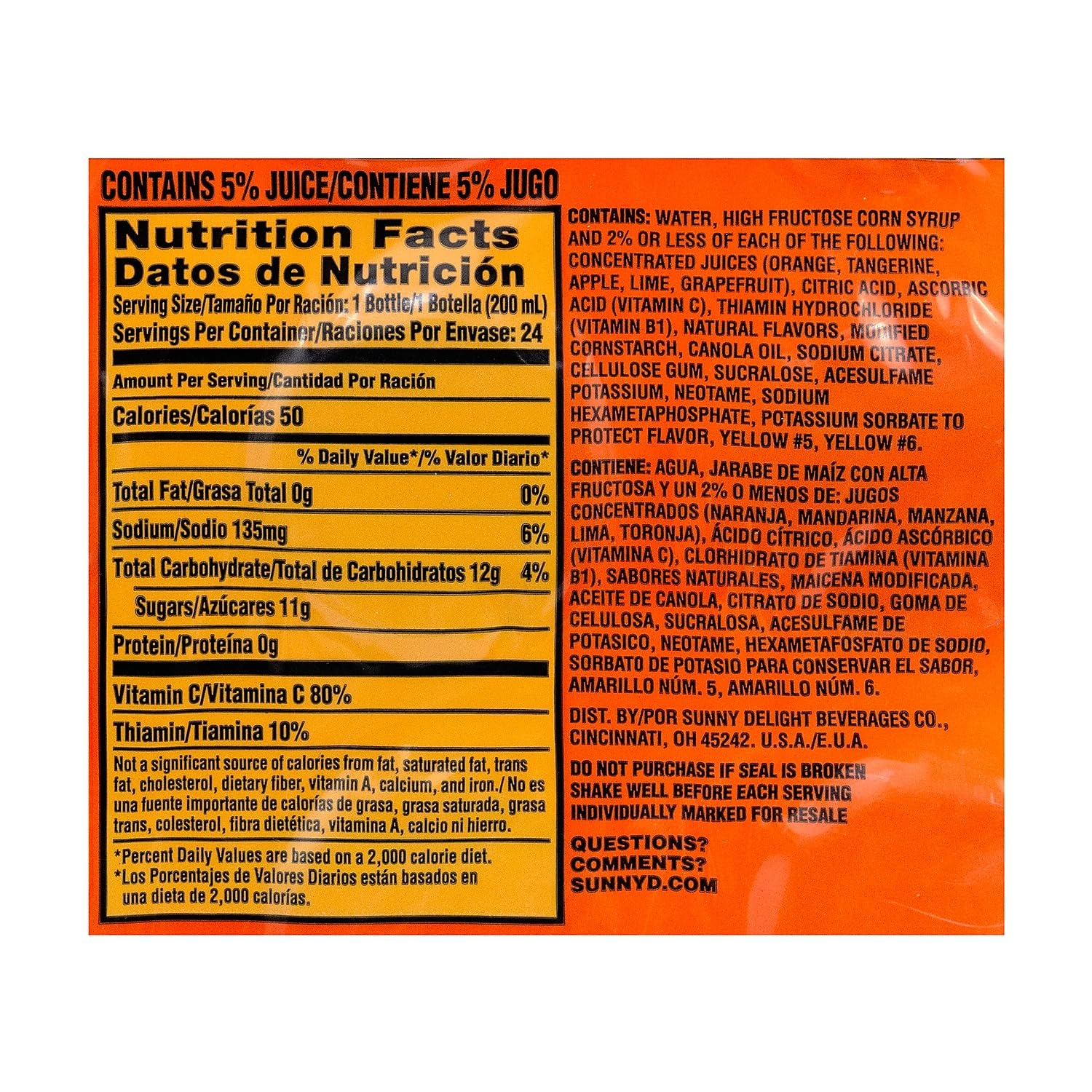 Sunny Delight Tangy Original Orange Flavored Citrus Punch, 6.75 oz., 24/Pack (01286)