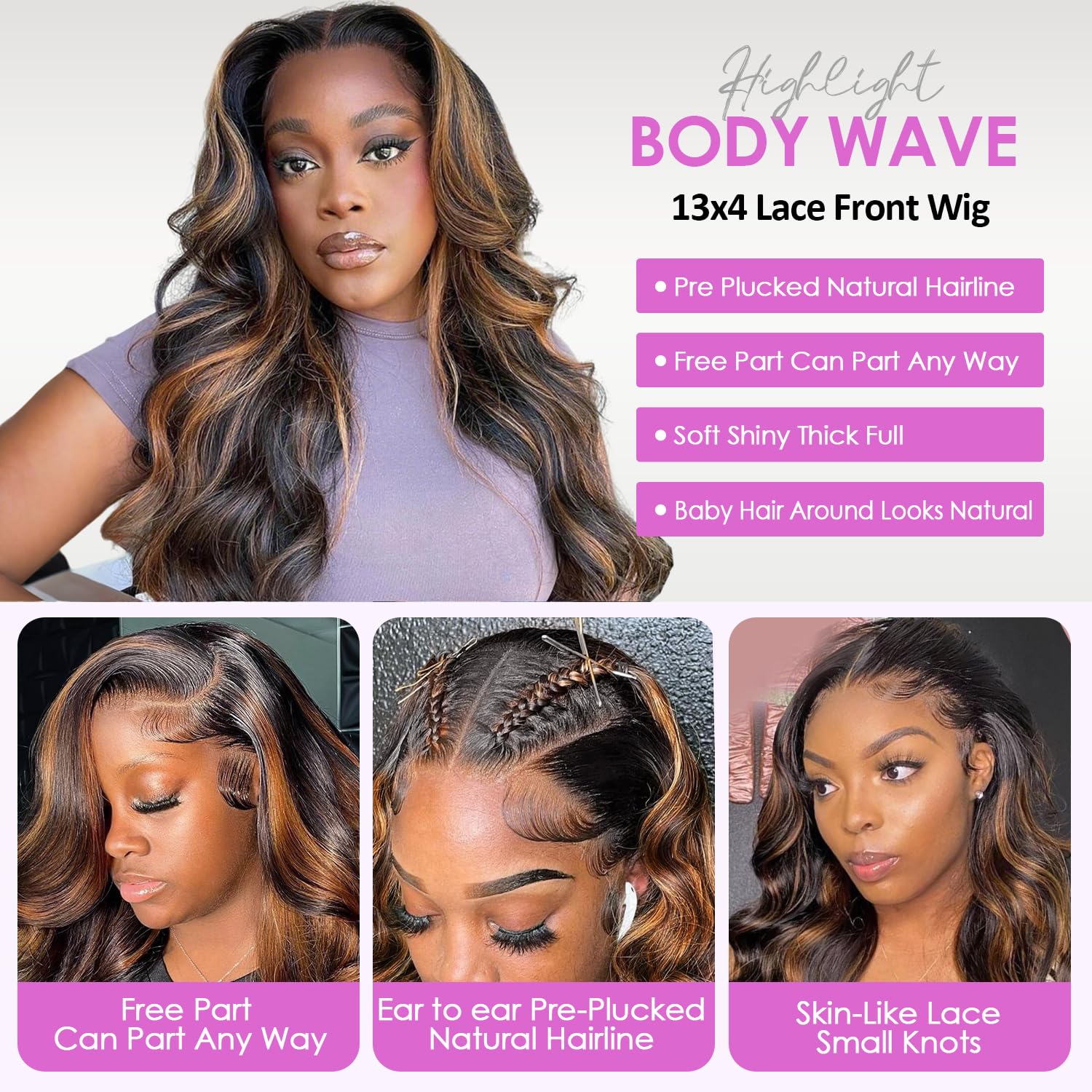 Vemalin Highlight Ombre Lace Front Wig Human Hair Body Wave Lace Front Wigs Human Hair Pre Plucked 13x4 1B/30 Brown Highlight Wig 200 Density Colored 26 Inch Balayage Glueless Wigs for Women