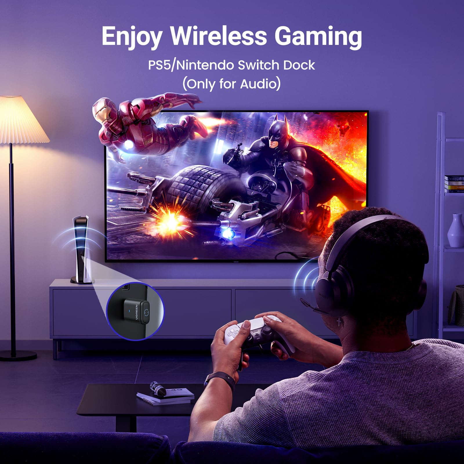UGREEN USB-C Bluetooth Adapter for PS5, Bluetooth 5.3 Audio Adapter with APTX Low Latency & aptX-Adaptive, Wireless Audio Transmitter to Connect Wireless Headphones & Earbuds