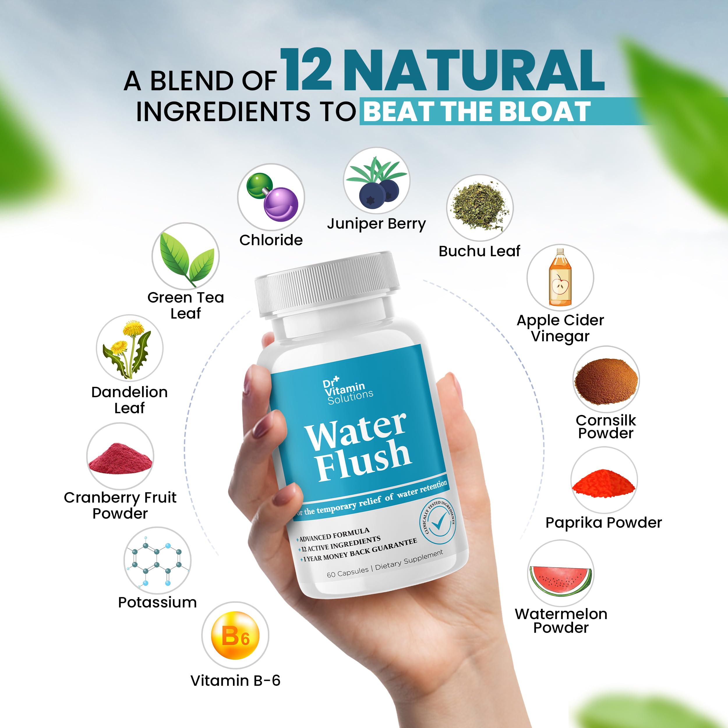 DR VITAMIN SOLUTIONS Diuretic Water Pills for Weight Control, 12 Active Ingredients (Green Tea, Cranberry & More), Instant Relief from Bloat & Swelling, Water Retention Pills for Women & Men - 60 Caps