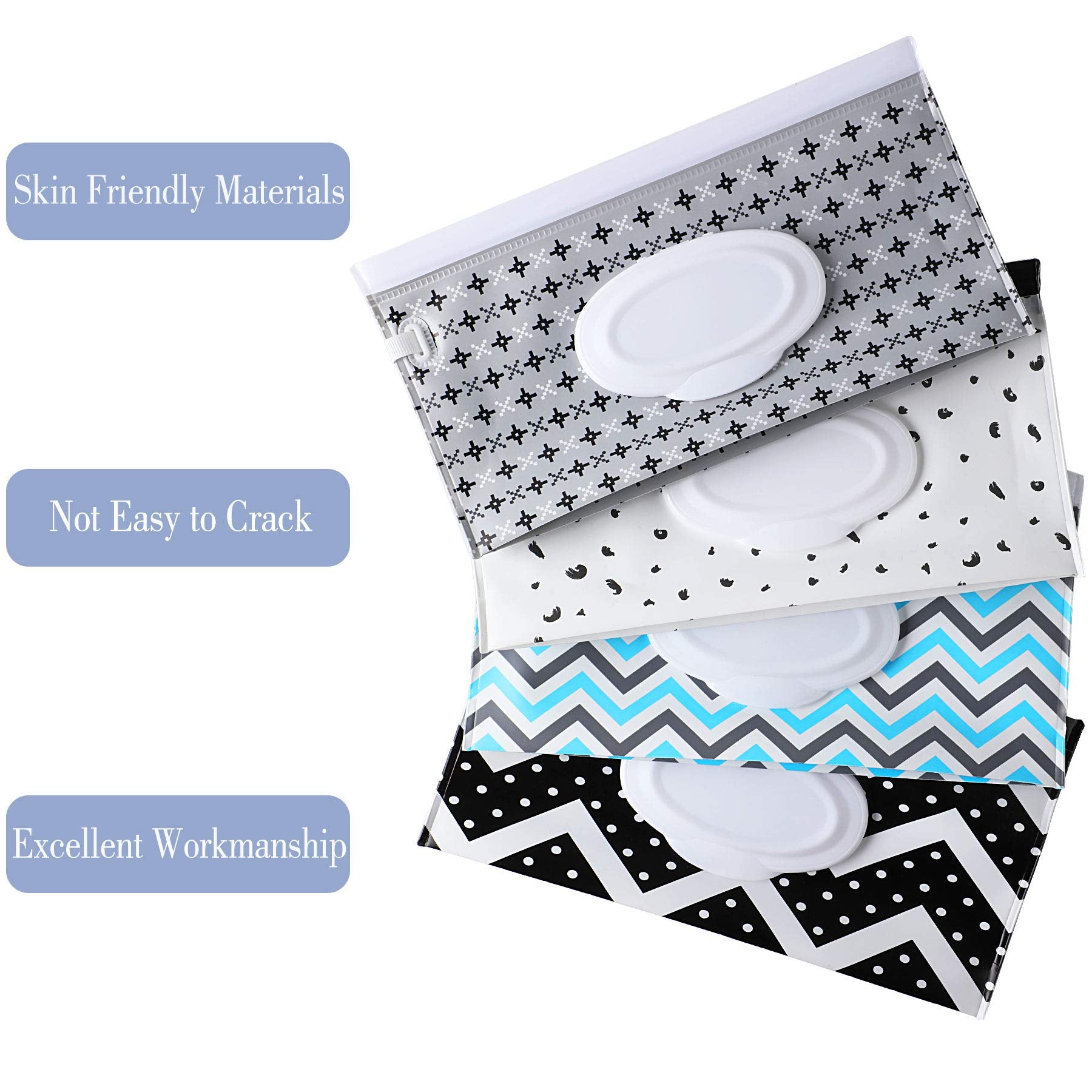 FEBSNOW 4 Pack Baby Wipe Dispenser, Portable Refillable Wipe Holder, Baby Wipes Container, Wipe Dispenser, Reusable Travel Wet Wipe Pouch (Geometric)